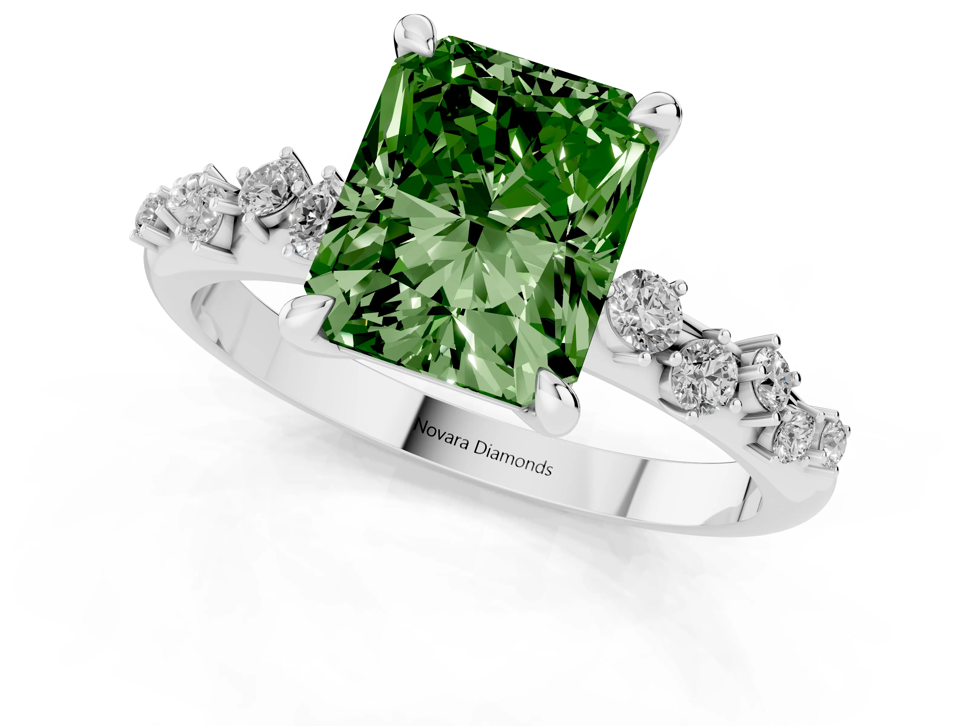 Fancy Green Radiant Cut Diamond Solitaire Vine Band Ring Set in Platinum with Round Accents and Prong Setting – second view
