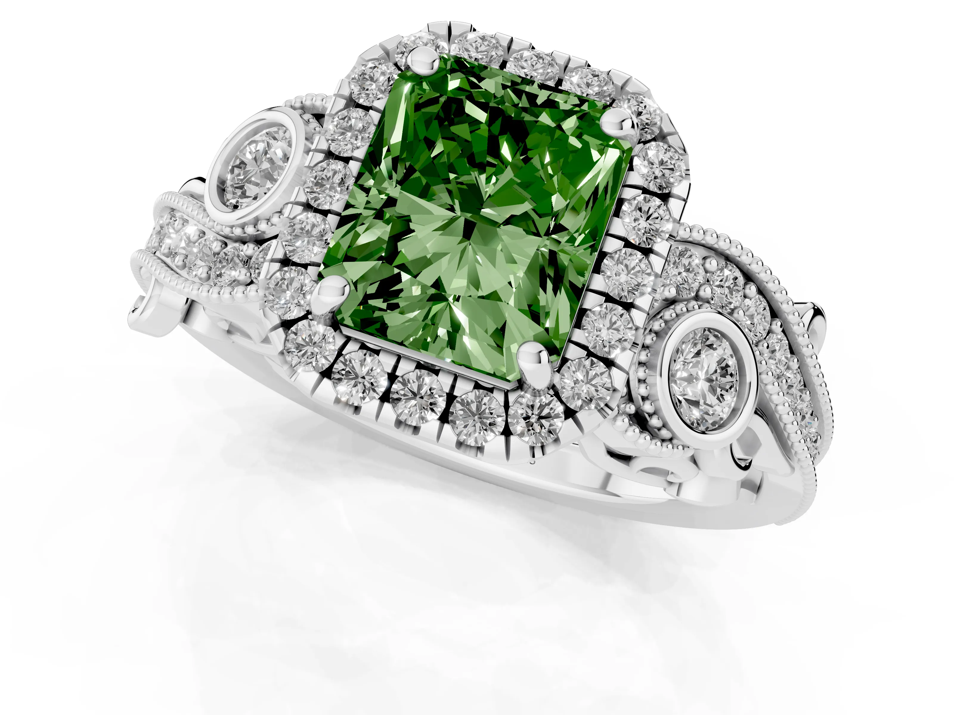 Fancy Green Radiant Cut Diamond Halo Ring Set in Silver with Milgrain Pavé Band and Prong Setting