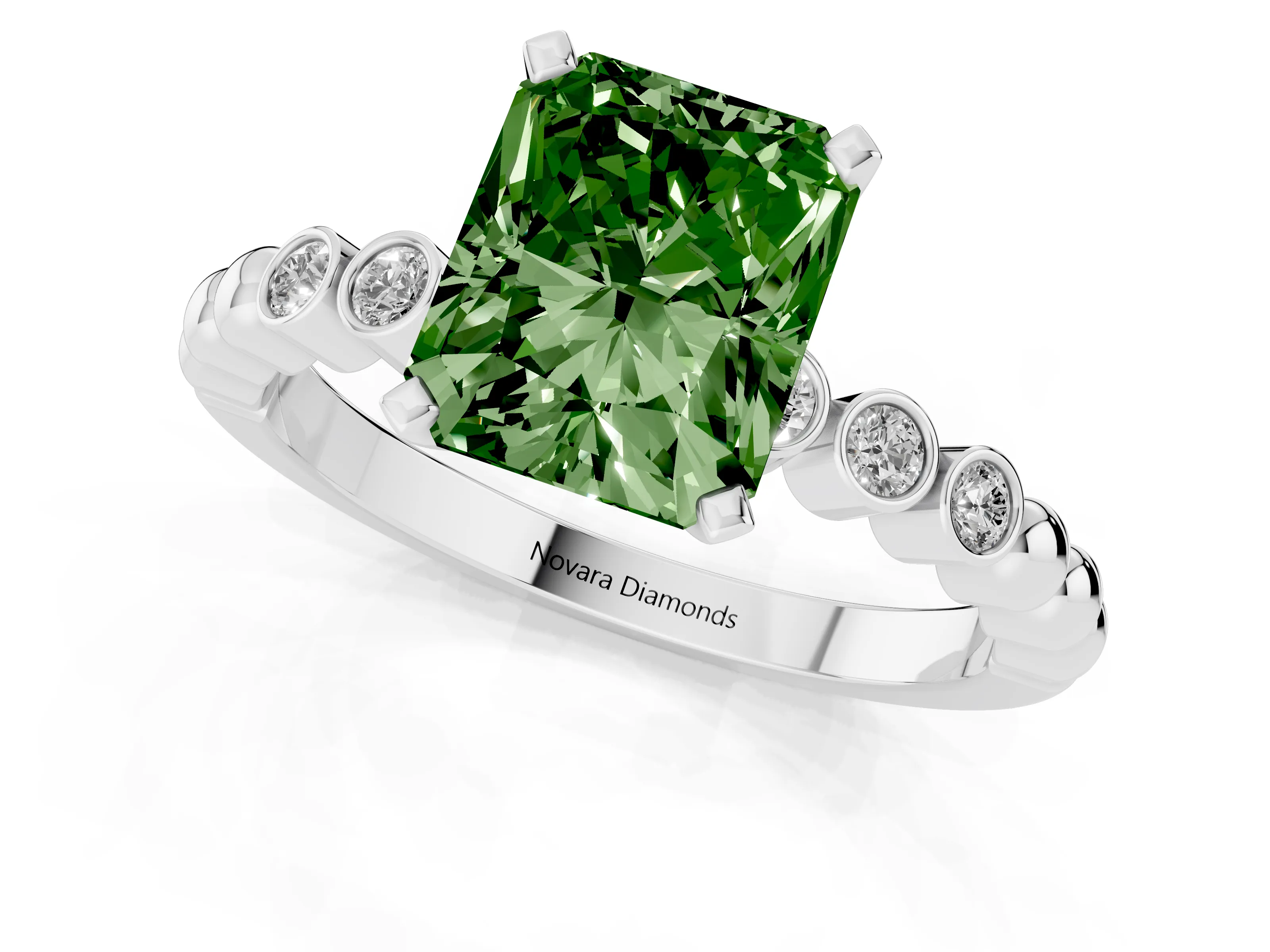 Fancy Green Radiant Cut Diamond Solitaire Engagement Ring Set in Silver with Bezel Accents on Beaded Band