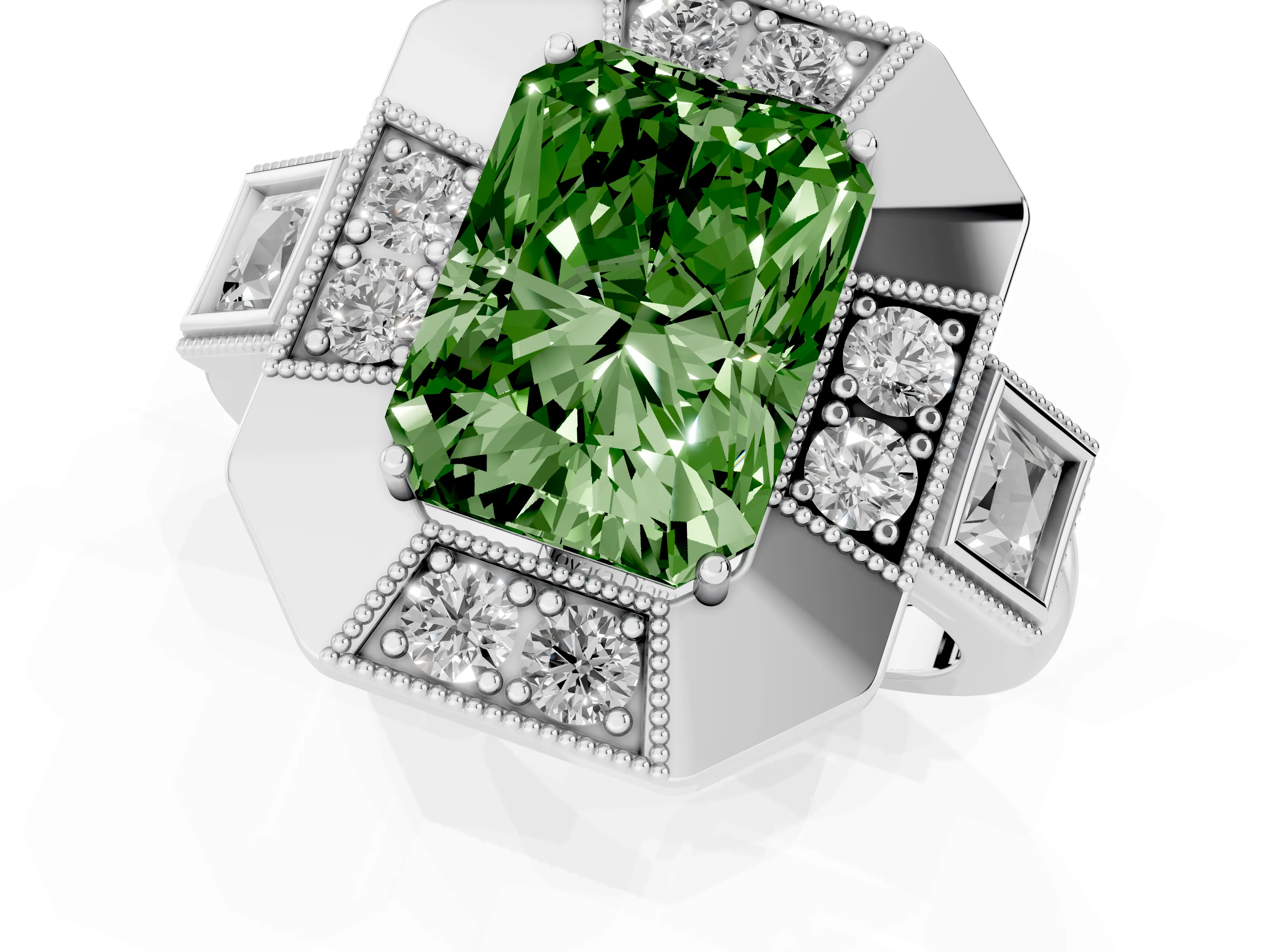 Fancy Green Radiant Cut Diamond Milgrain Halo Ring Set in Silver with Split Shank