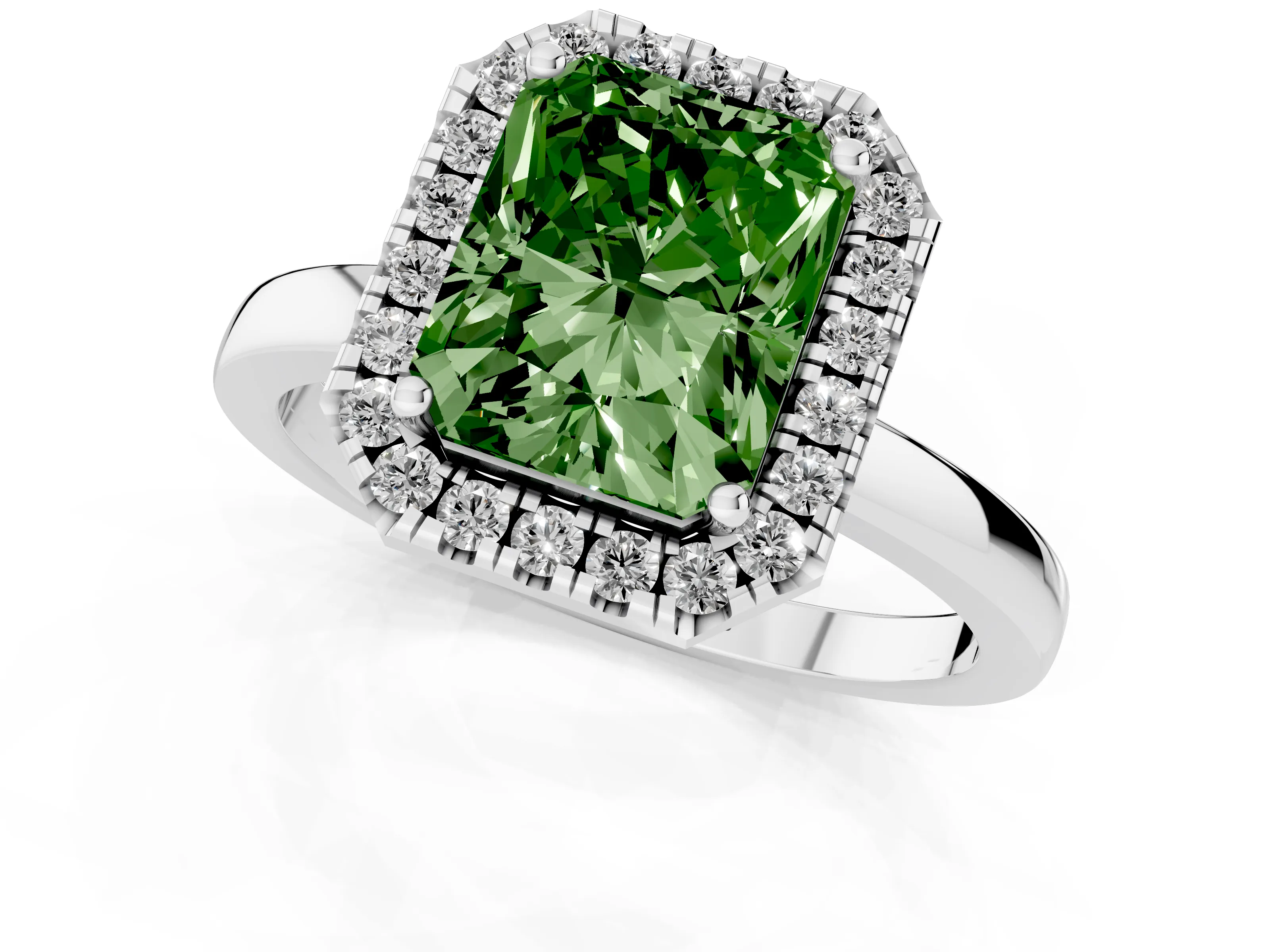 Fancy Green Radiant Cut Diamond Halo Solitaire Ring Set in Platinum with Pavé Band and Prong Setting