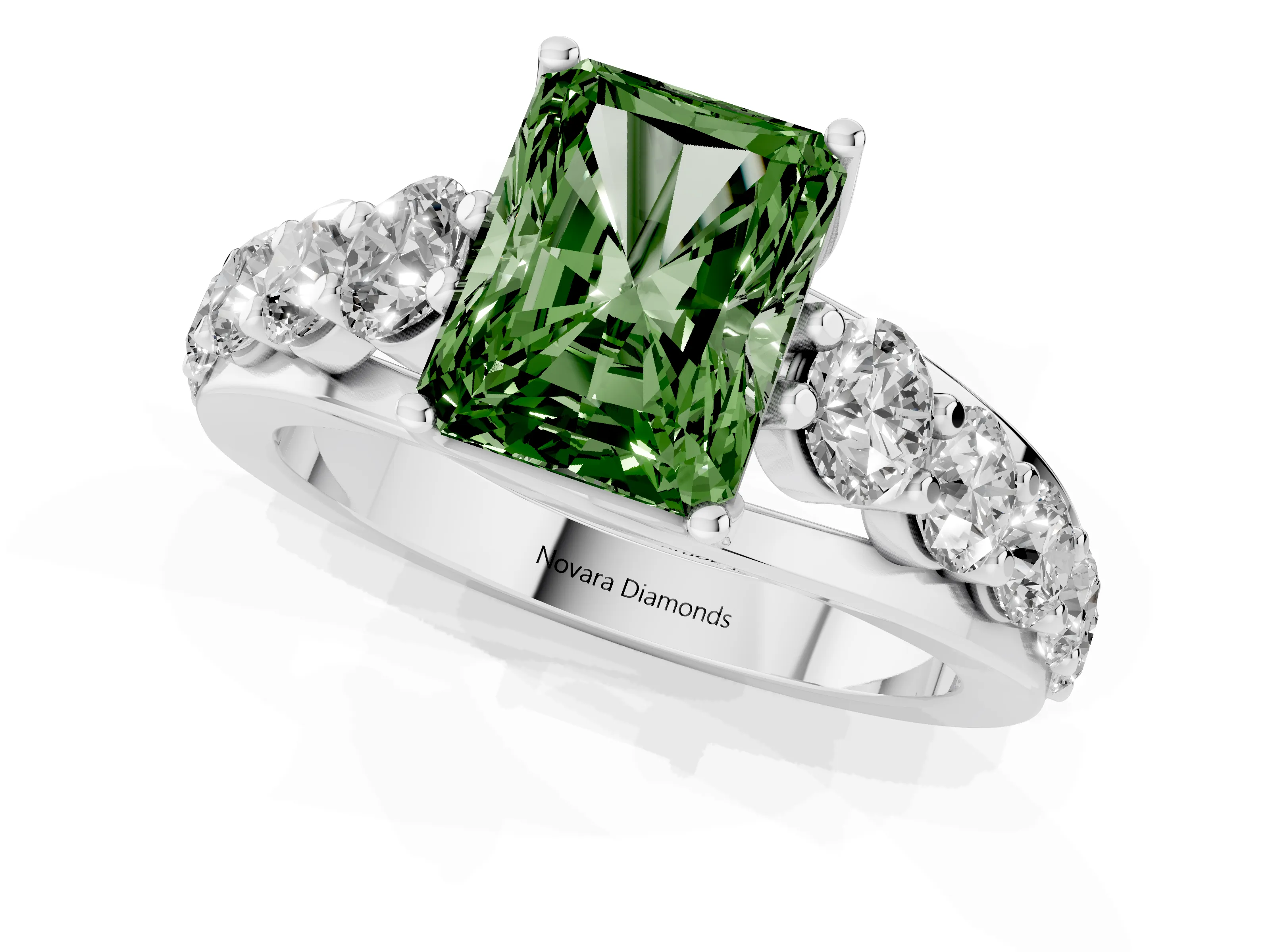 Fancy Green Radiant Cut Diamond Pavé Engagement Ring Set in Silver with Prong Setting