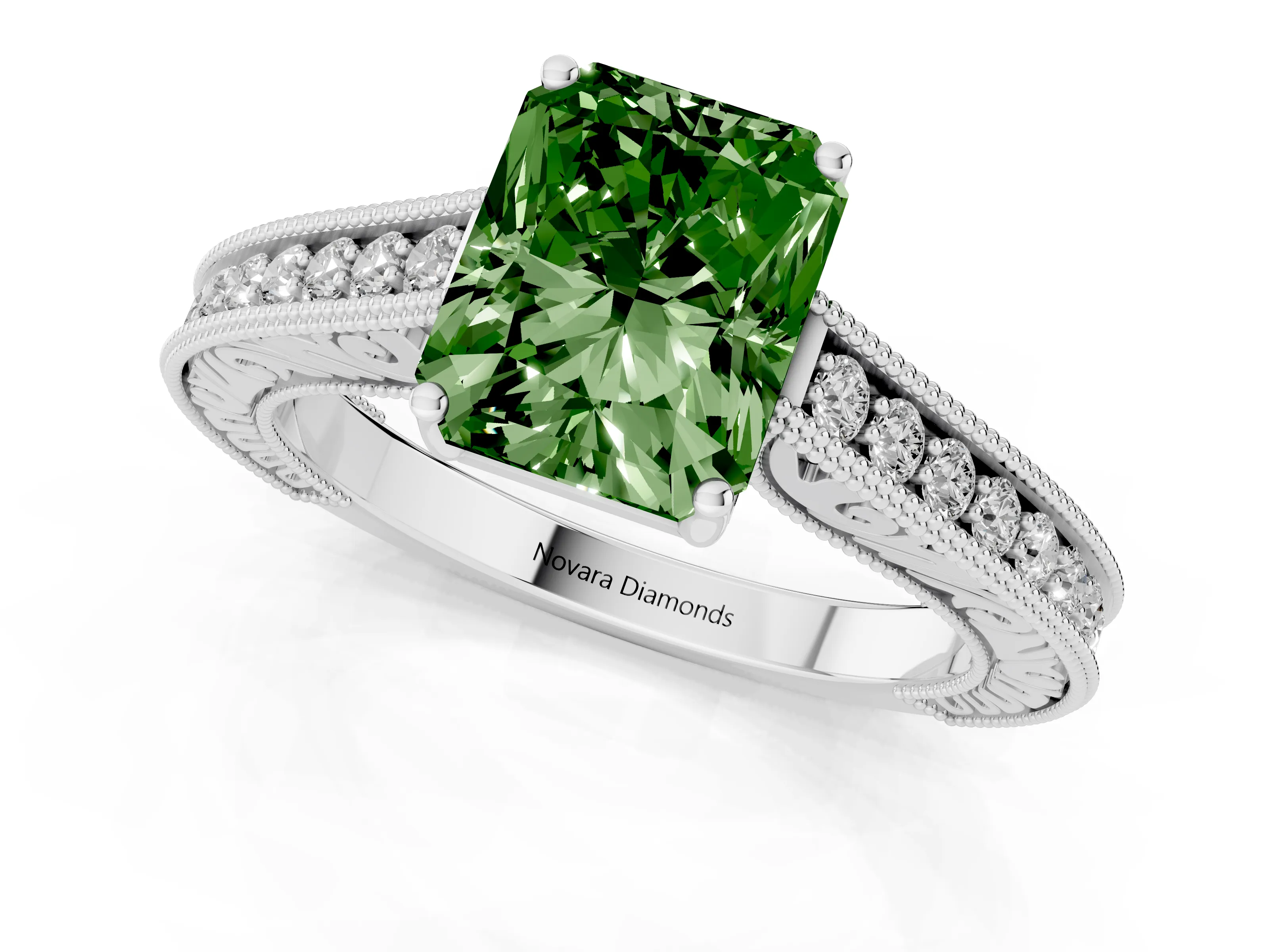 Fancy Green Radiant Cut Diamond Milgrain Pavé Band Solitaire Ring Set in Silver with Prong Setting