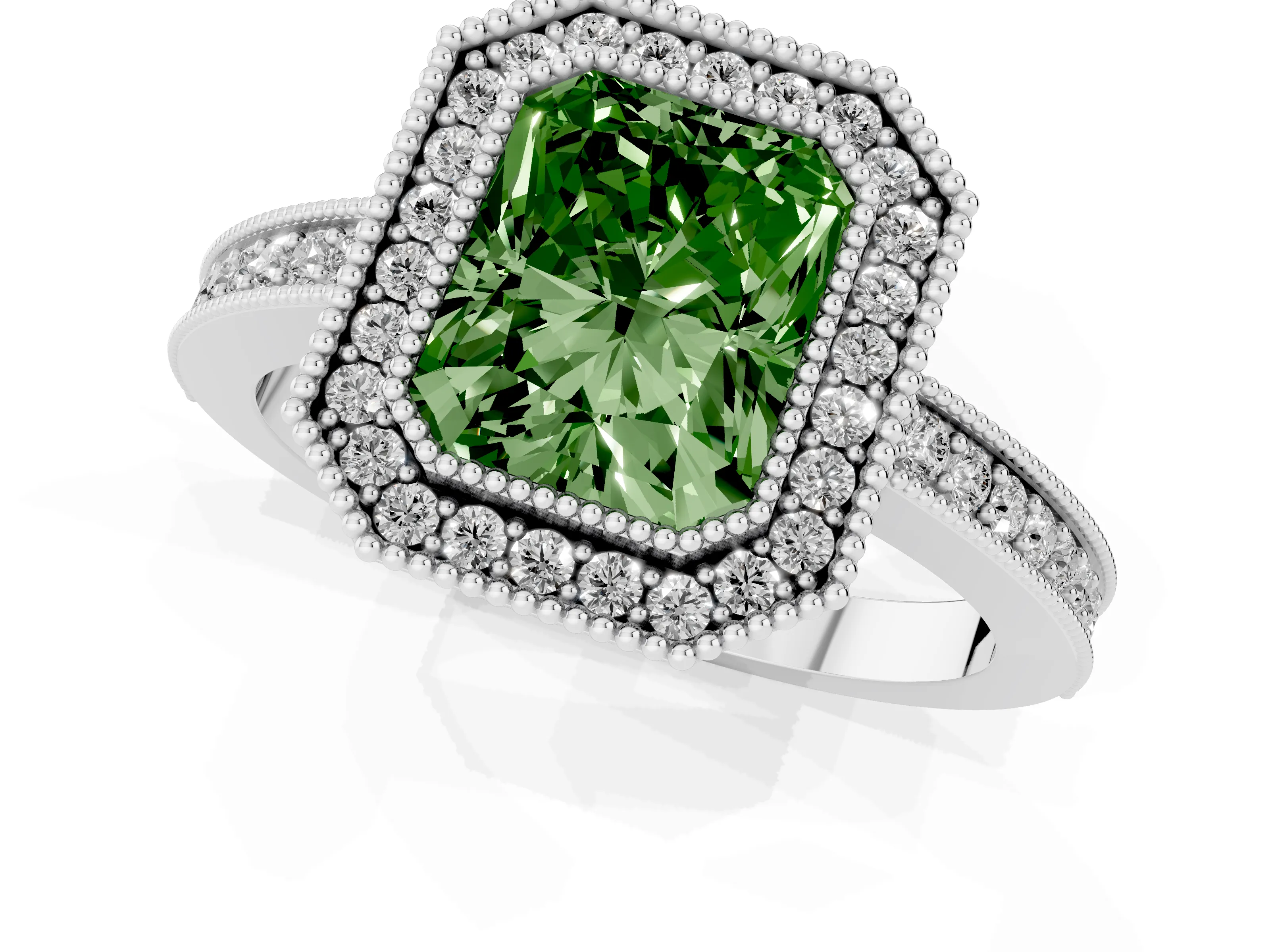 Fancy Green Radiant Cut Diamond Round Halo Ring Set in White gold with Pavé Band