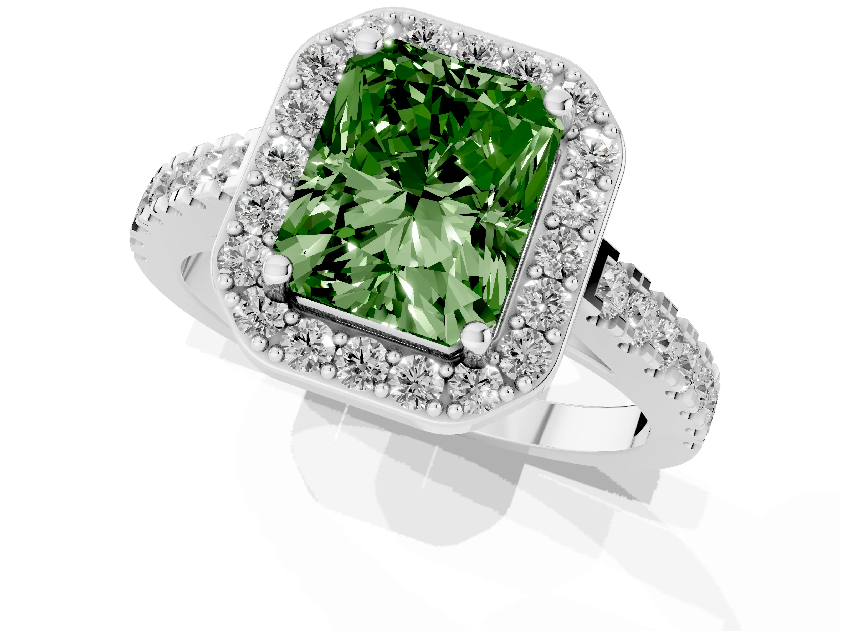 Fancy Green Radiant Cut Diamond Halo Ring Set in White gold with Round Pavé Split Shank and Prong Setting