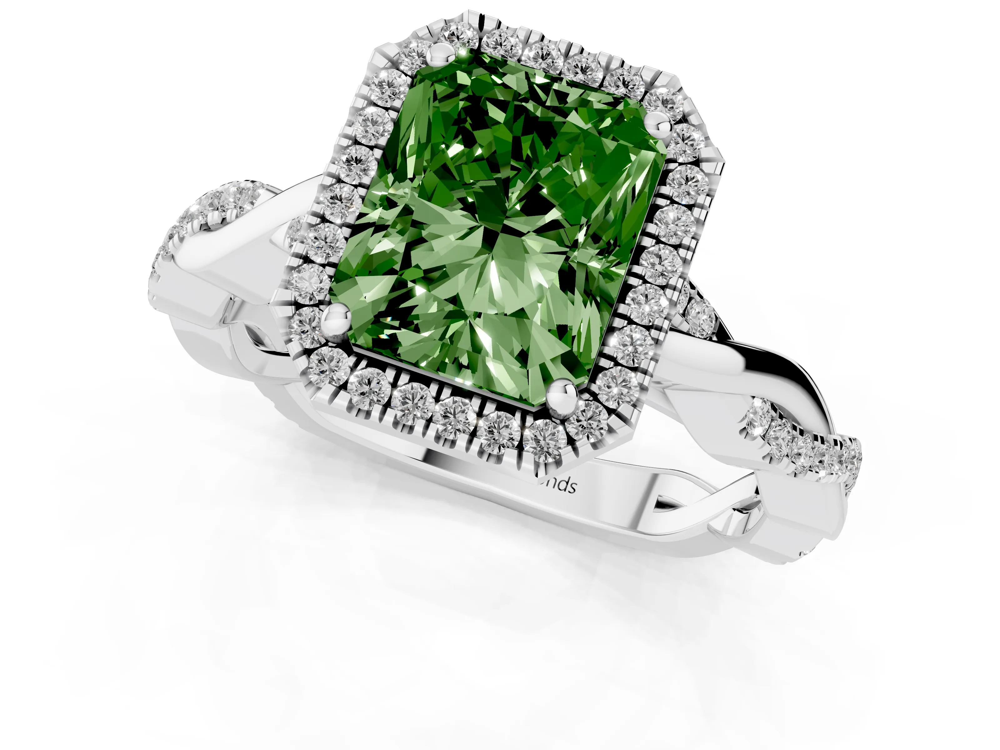 Fancy Green Radiant Cut Diamond Halo Twisted Band Ring Set in White gold with Prong Setting