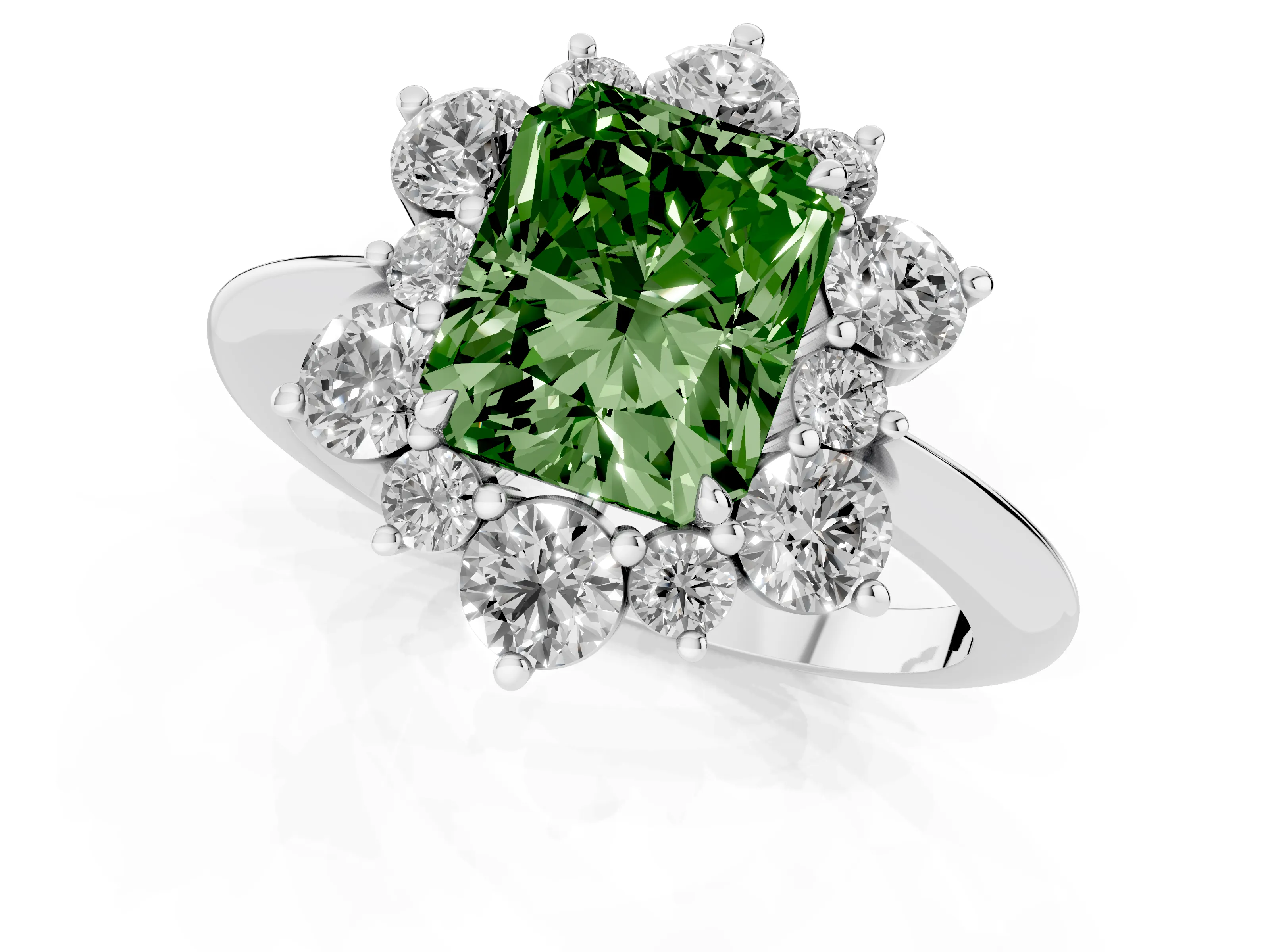Fancy Green Radiant Cut Diamond Cluster Halo Ring Set in Silver with Solitaire Band and Prong Setting