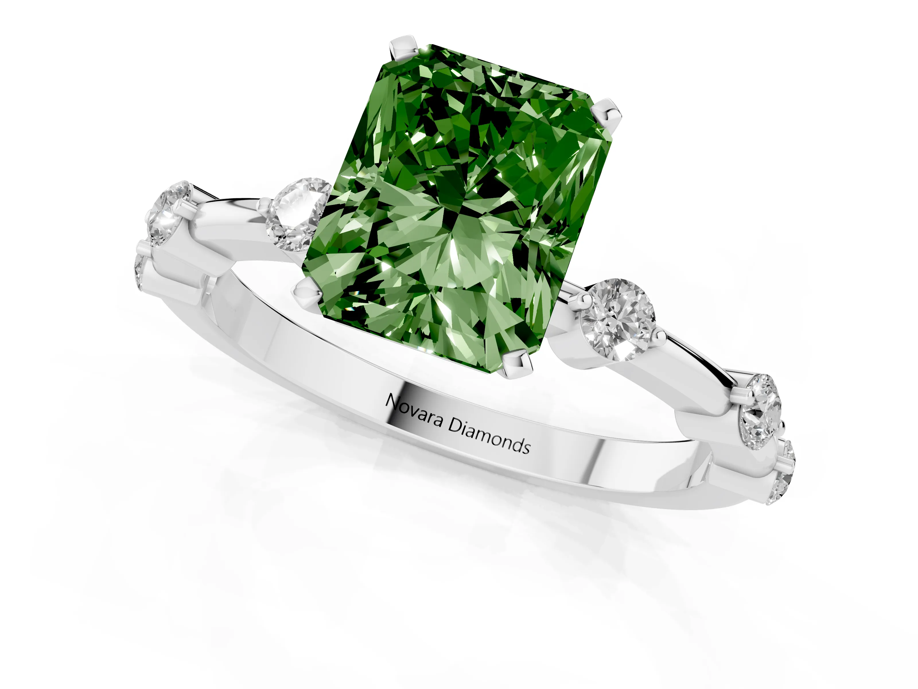 Fancy Green Radiant Cut Diamond Solitaire Ring Set in White gold with Bezel Set Side Stones and Prong Setting