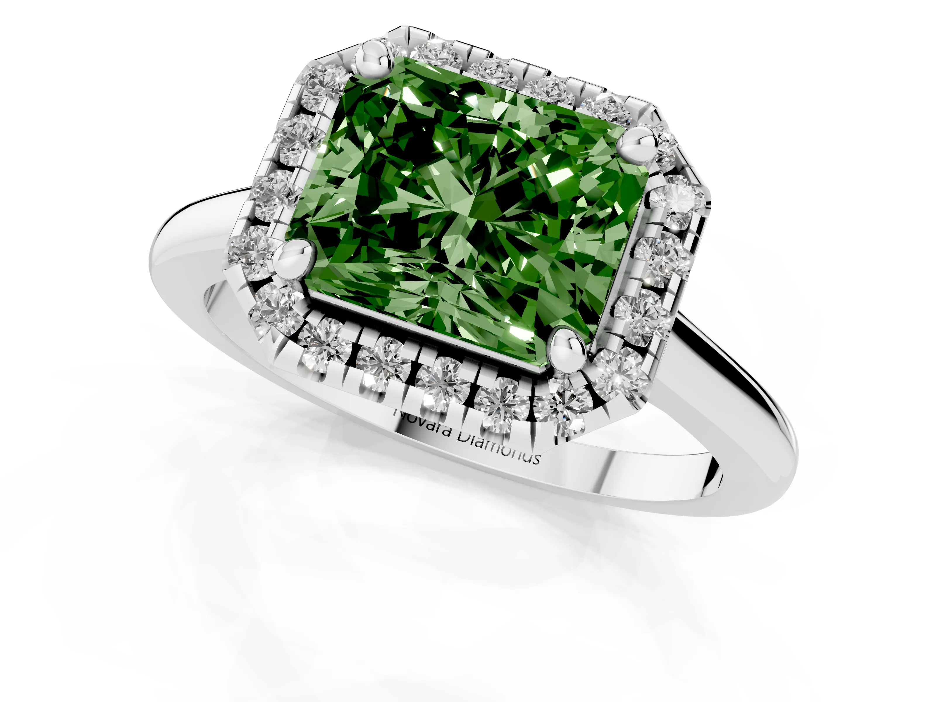 Fancy Green Radiant Cut Diamond Halo Engagement Ring Set in White gold with Pavé Band and Rising Shoulders