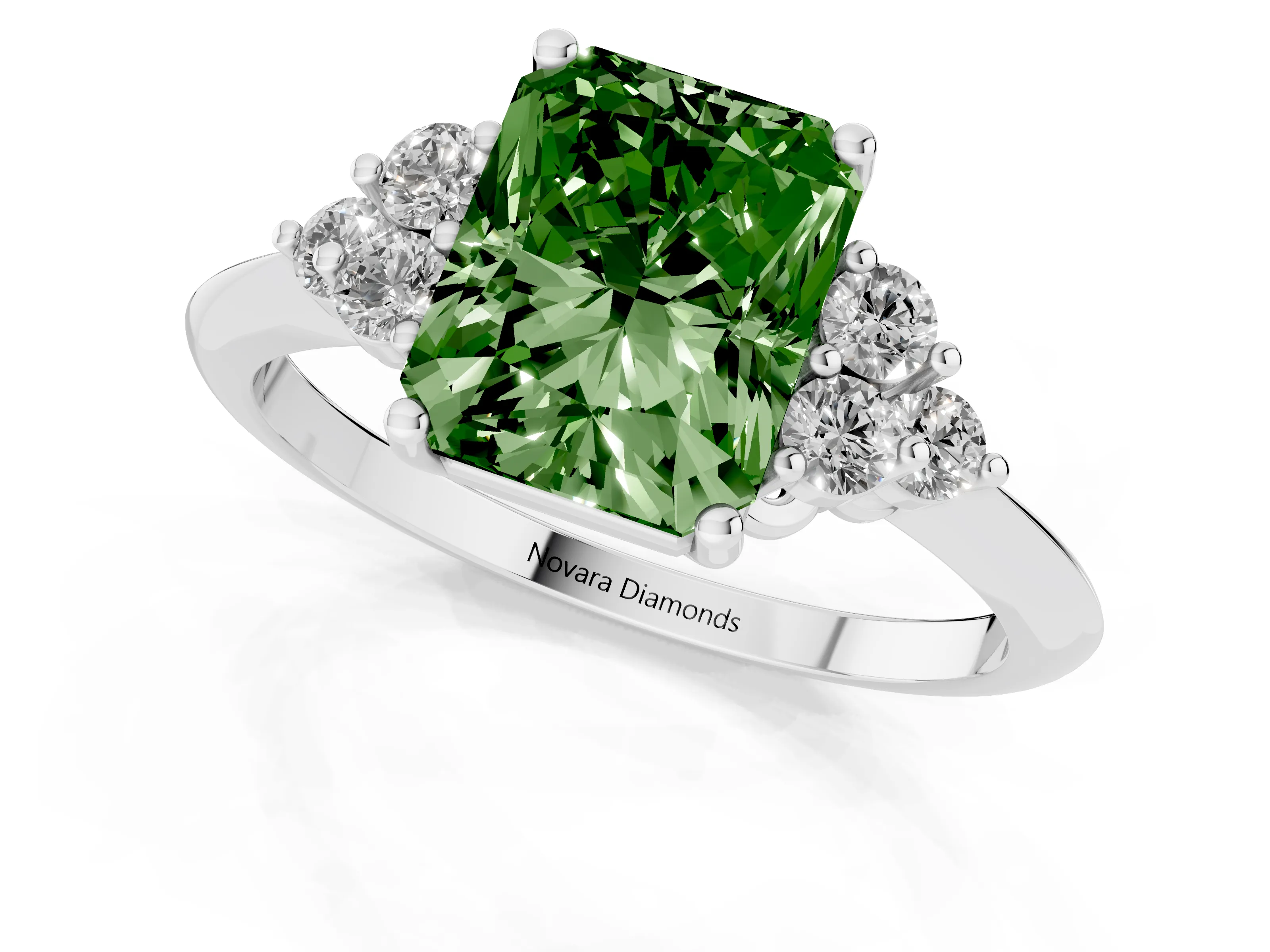 Fancy Green Radiant Cut Diamond Cluster Ring Set in White gold with Plain Band and Prong Setting