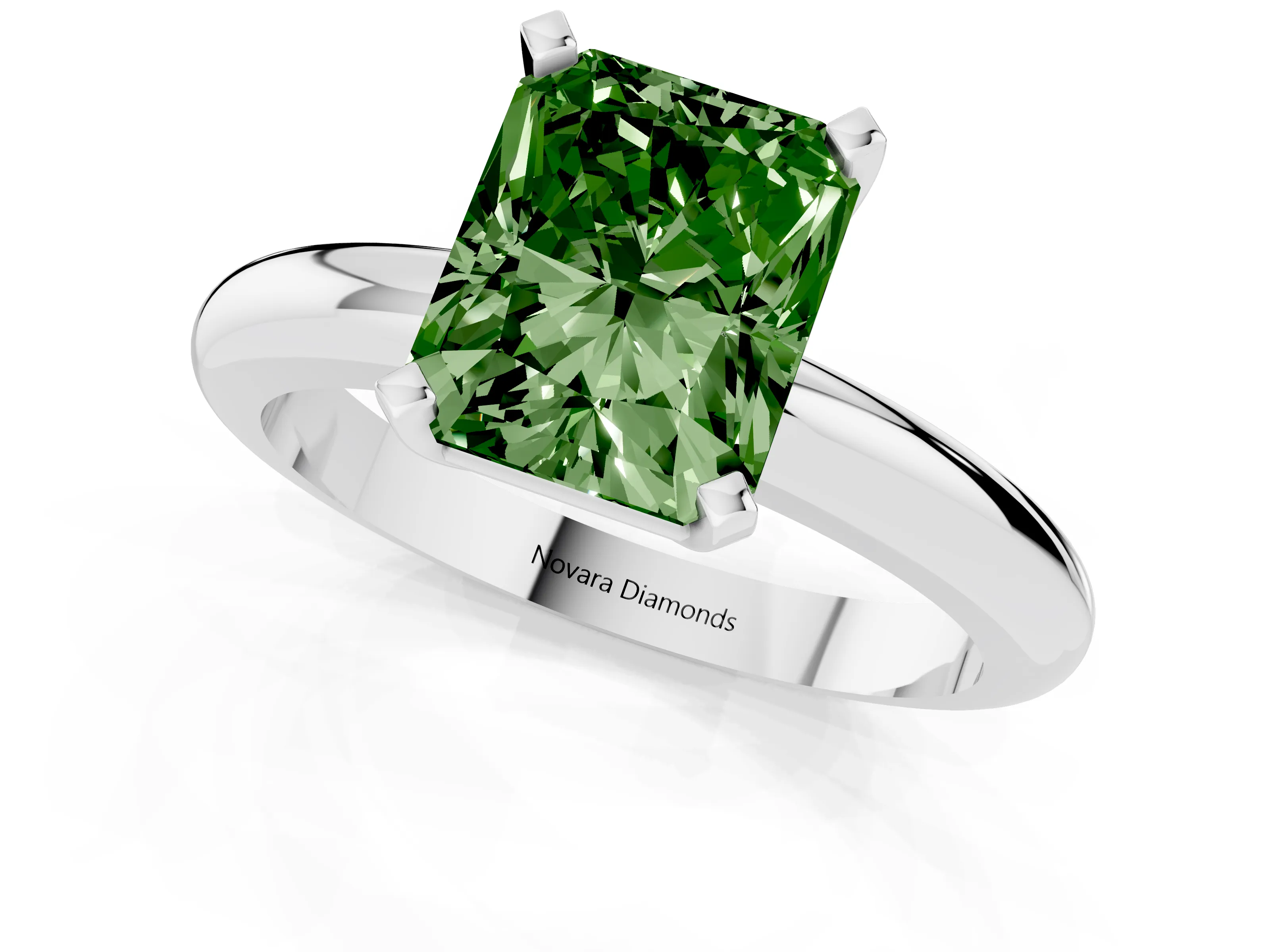 Fancy Green Radiant Cut Diamond Solitaire Engagement Ring Set in Silver with Round Band and Prong Setting