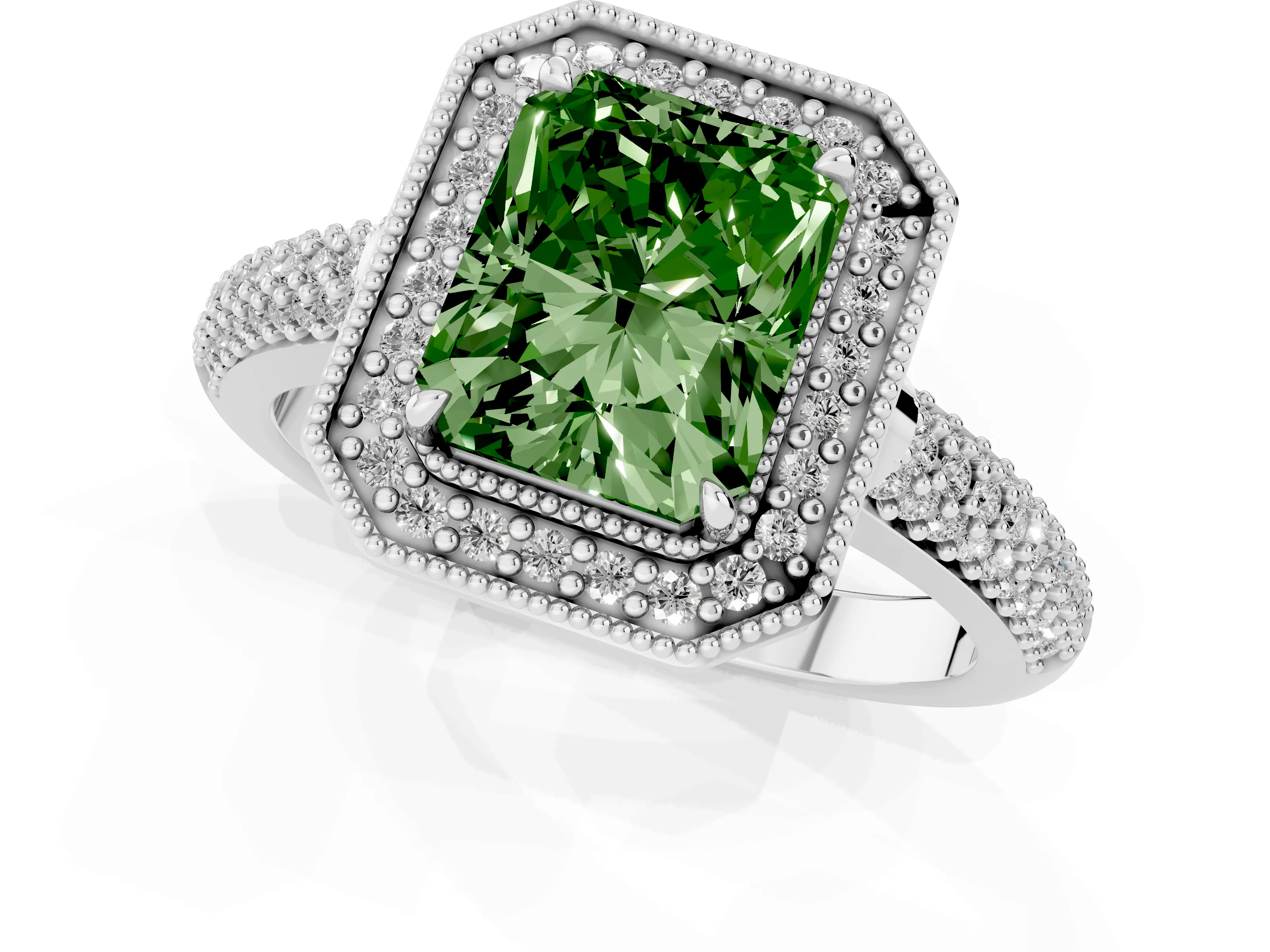 Fancy Green Radiant Cut Diamond Halo Pavé Band Set in White gold with Prong Setting