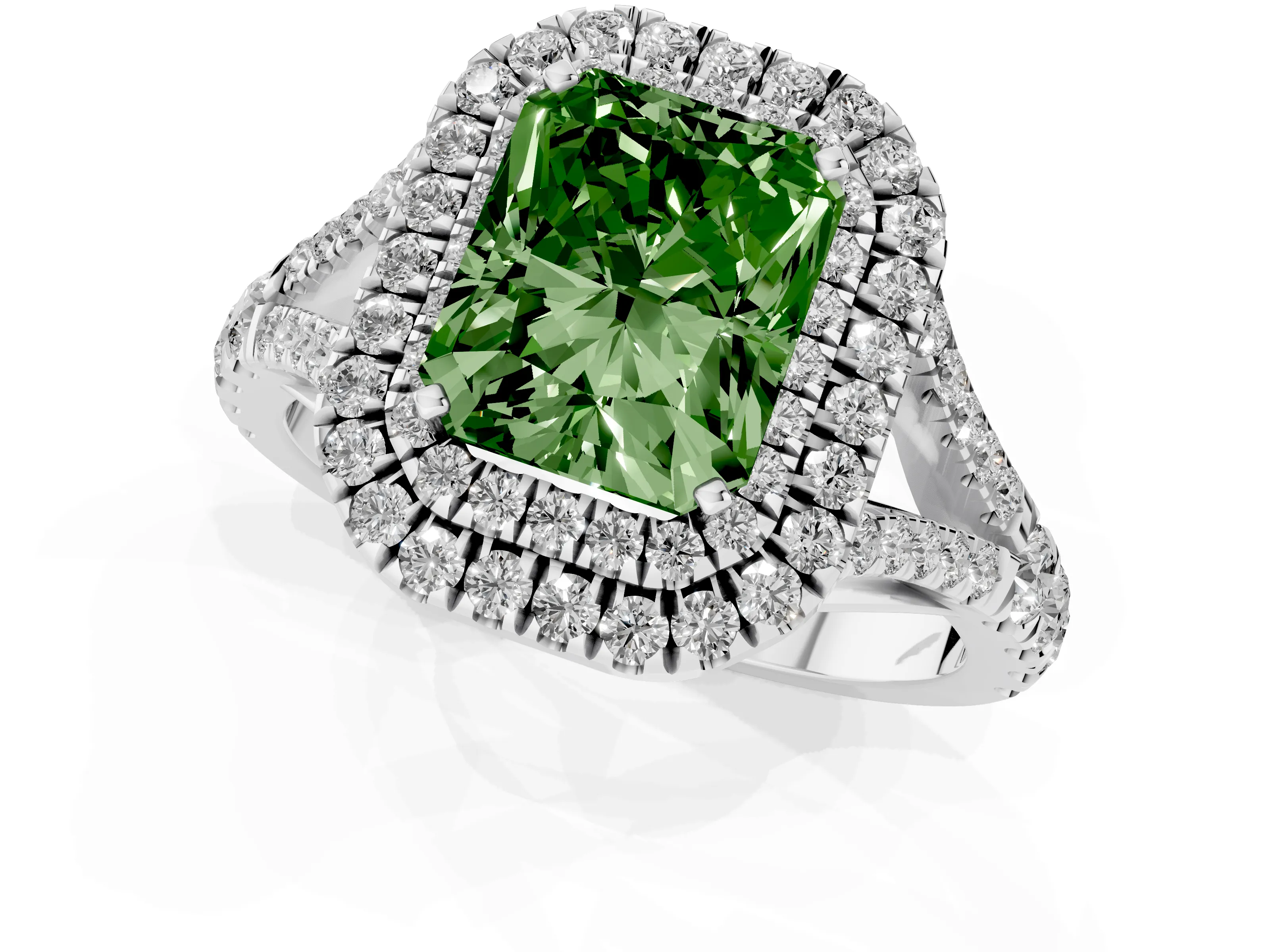 Fancy Green Radiant Cut Diamond Pavé Split Shank Double Halo Engagement Ring Set in Platinum
