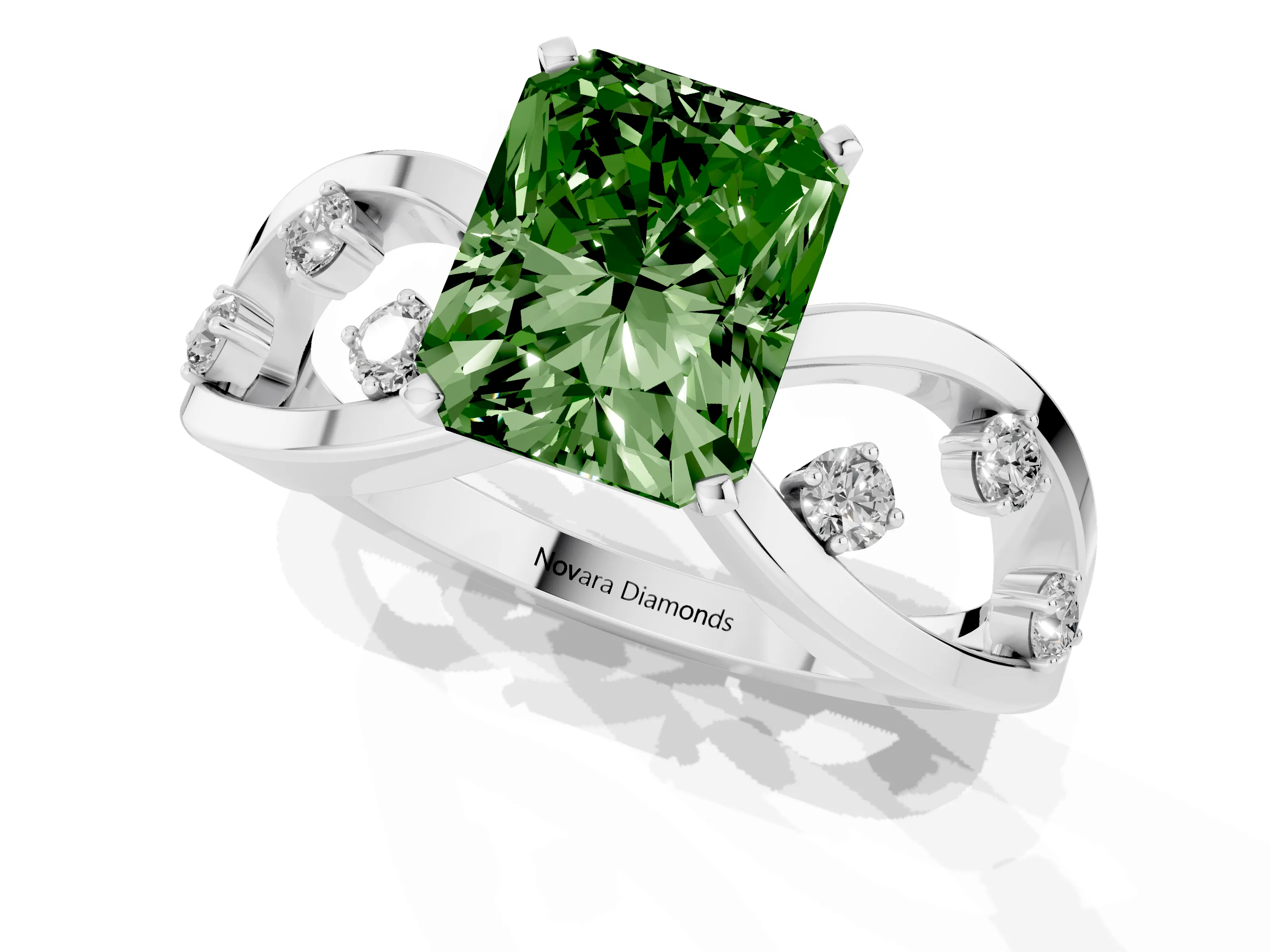 Fancy Green Radiant Cut Diamond Solitaire Ring Set in Platinum with Side Stones on Criss-Cross Band and Prong Setting