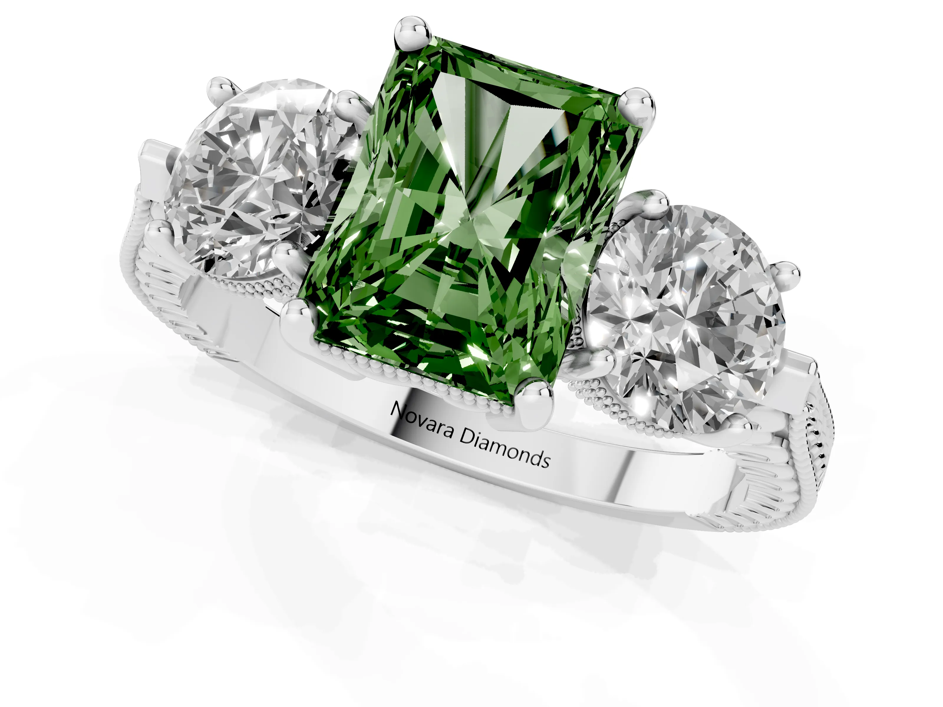 Fancy Green Radiant Cut Diamond Three-Stone Ring Set in Silver with Milgrain Band