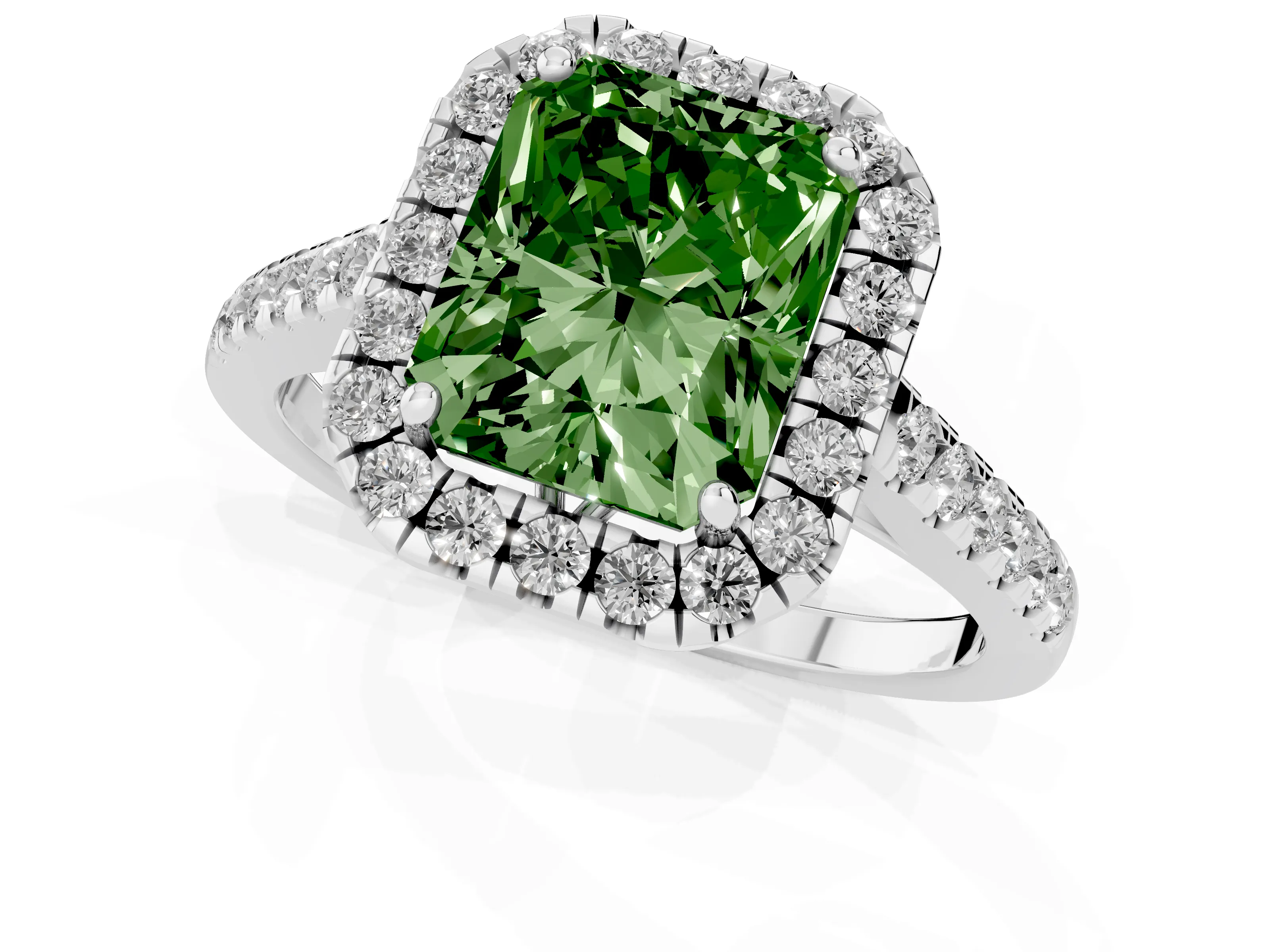 Fancy Green Radiant Cut Diamond Pavé Halo Engagement Ring Set in White gold with Pavé Band and Prong Setting