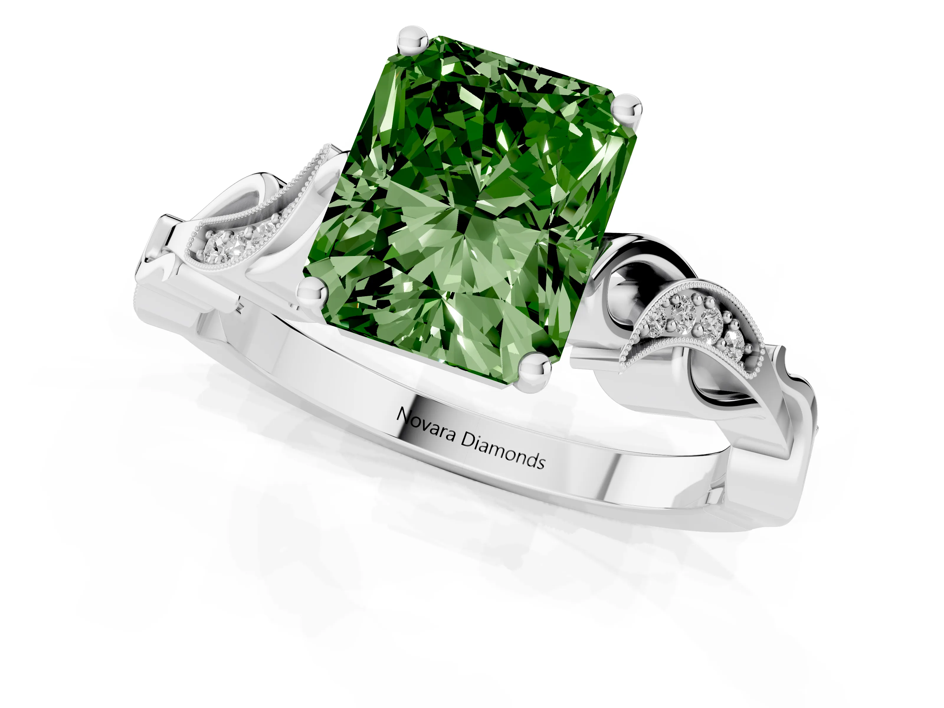 Fancy Green Radiant Cut Diamond Vine Band Solitaire Ring Set in Platinum with Milgrain Prong Setting