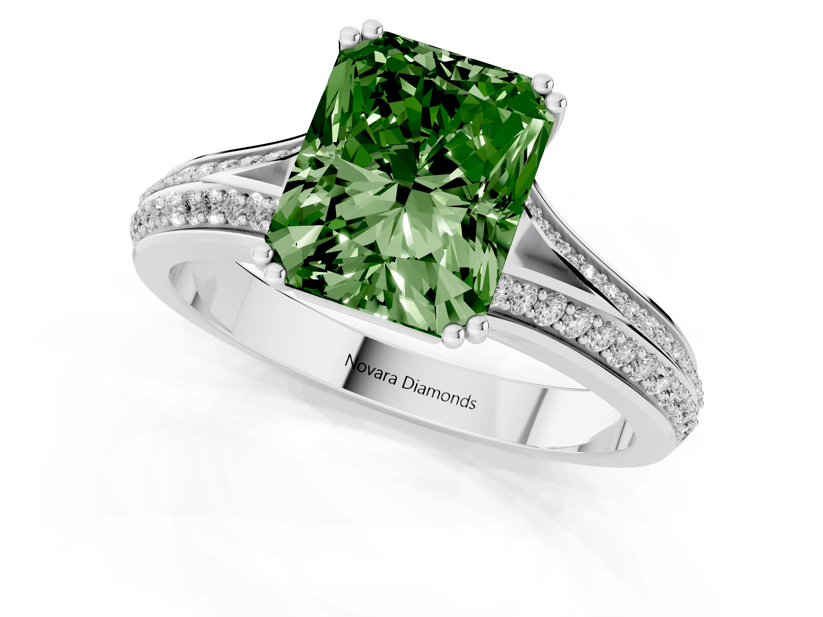 Fancy Green Radiant Cut Diamond Split Shank Pavé Engagement Ring Set in Platinum with Prong-Set Center Stone