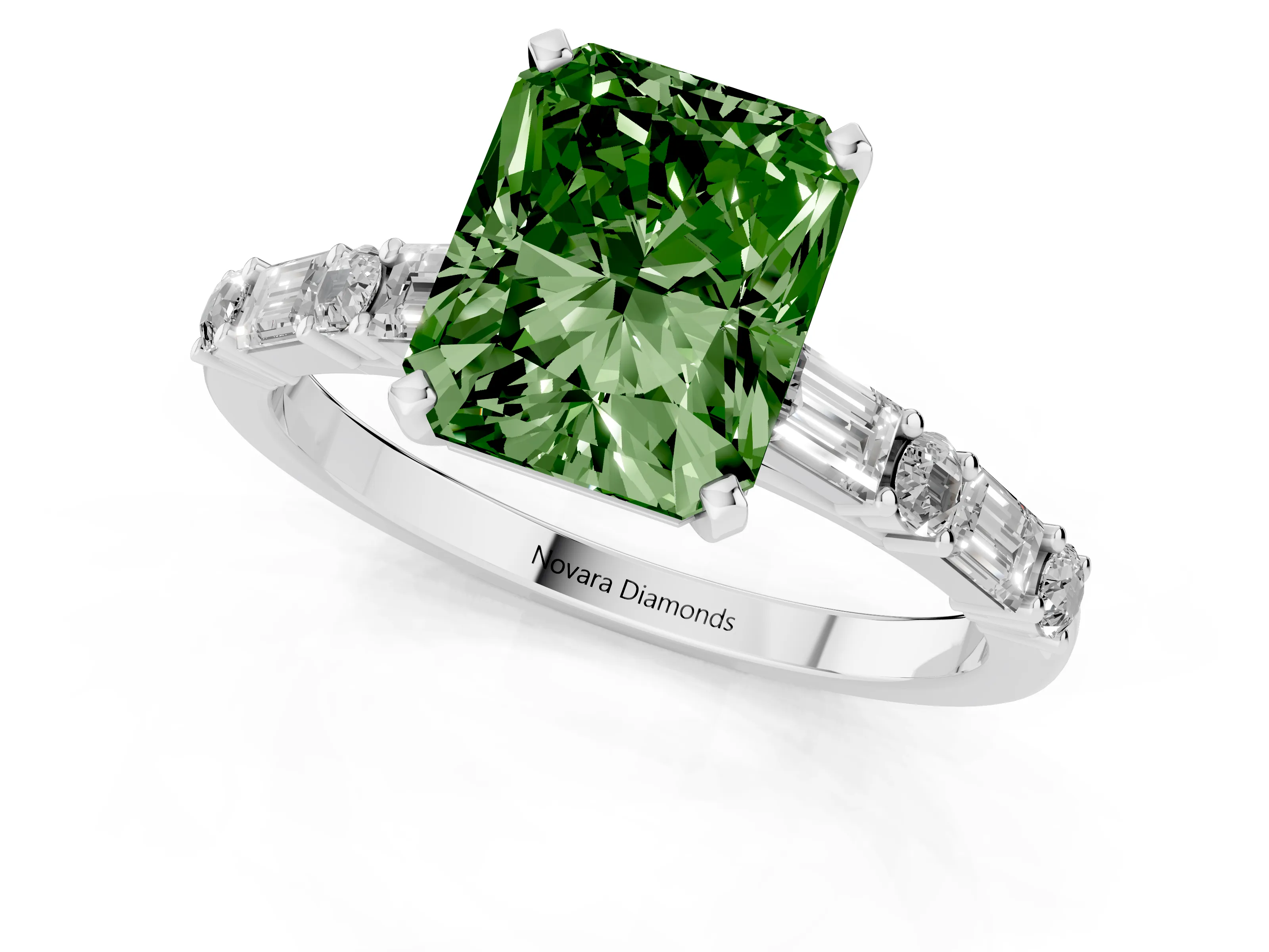 Fancy Green Radiant Cut Diamond Solitaire Set in Platinum with Side Baguettes and Channel Set Band