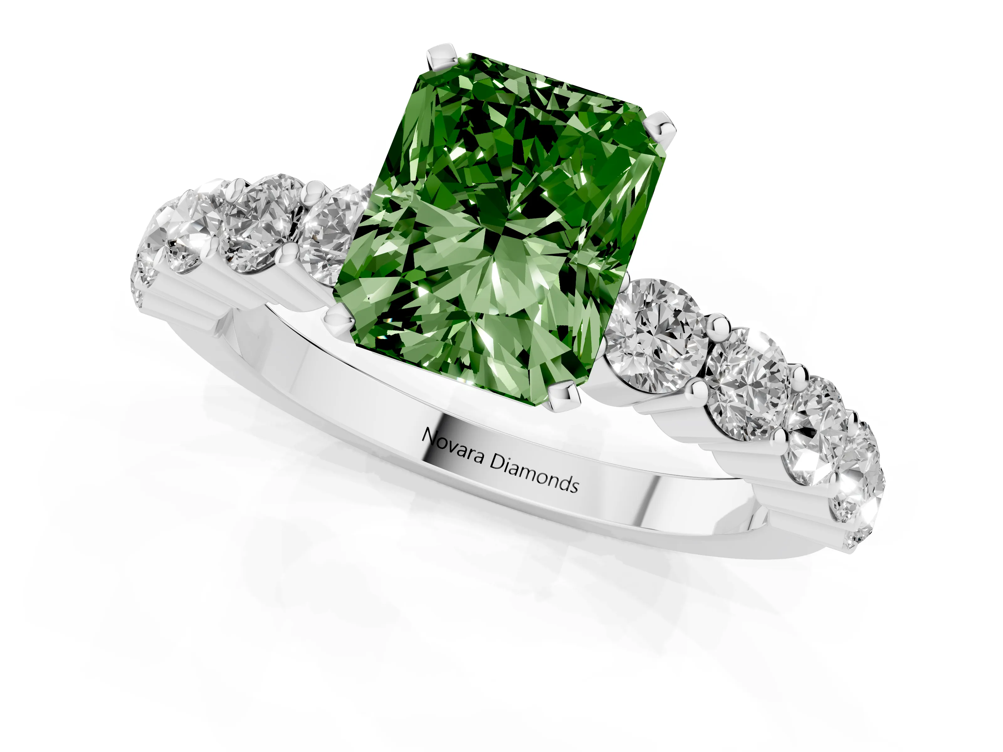 Fancy Green Radiant Cut Diamond Solitaire Ring Set in Platinum with Shared Prong Round Side Stones