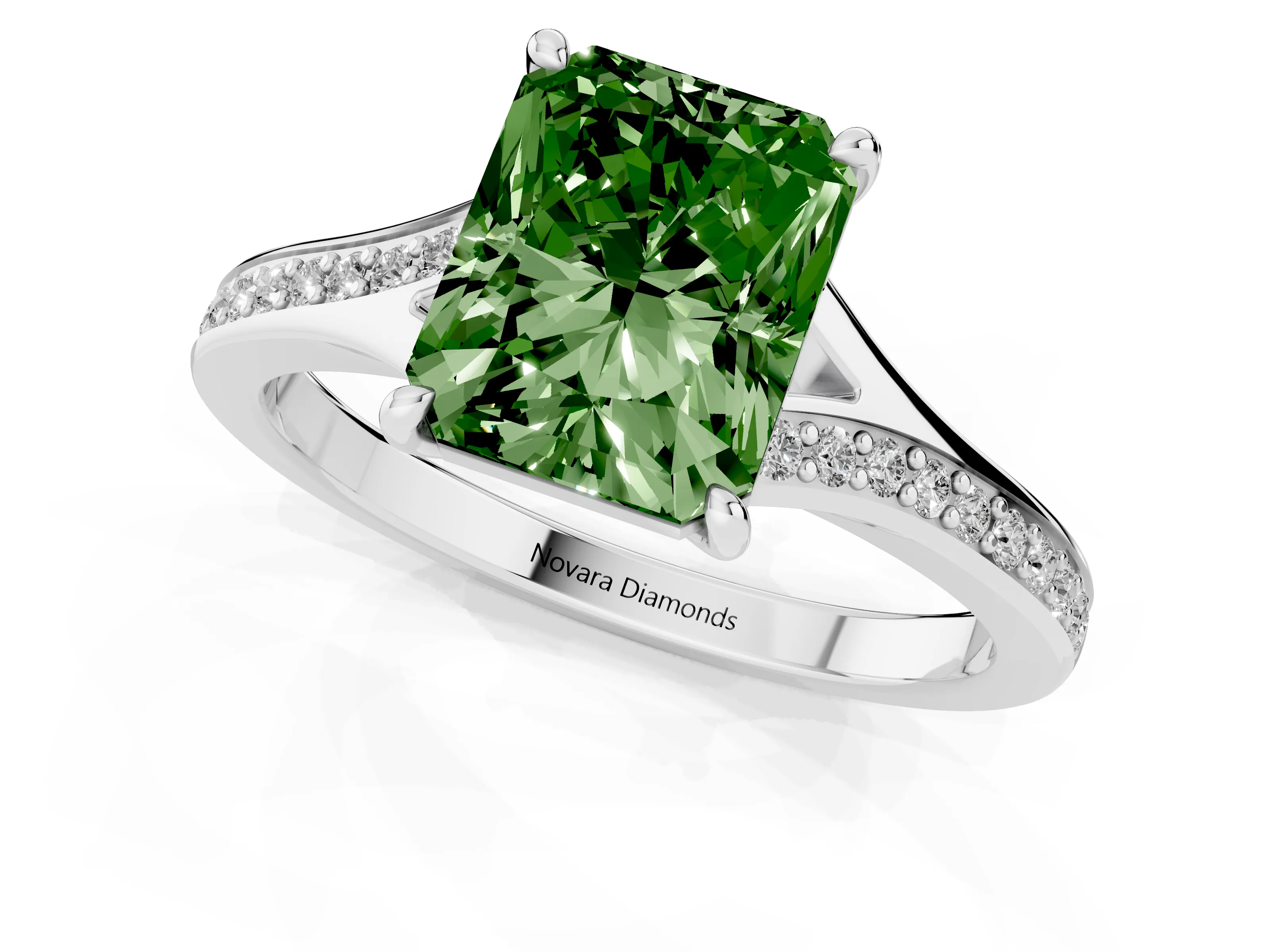 Fancy Green Radiant Cut Diamond Solitaire Ring Set in Platinum with Pavé Accent Band and Classic Prong Setting