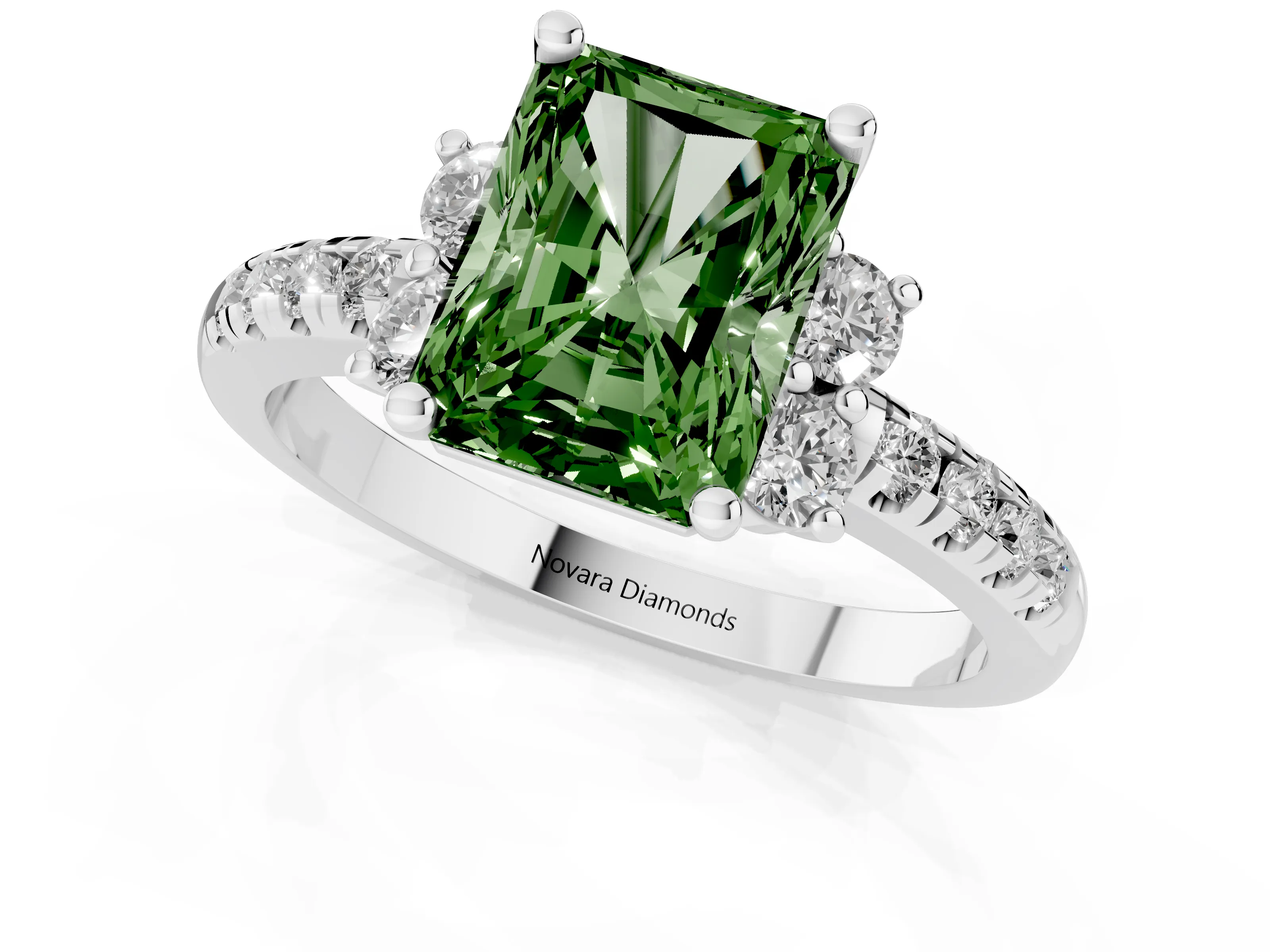 Fancy Green Radiant Cut Diamond Three-Stone Pavé Ring Set in Platinum with Prong Setting