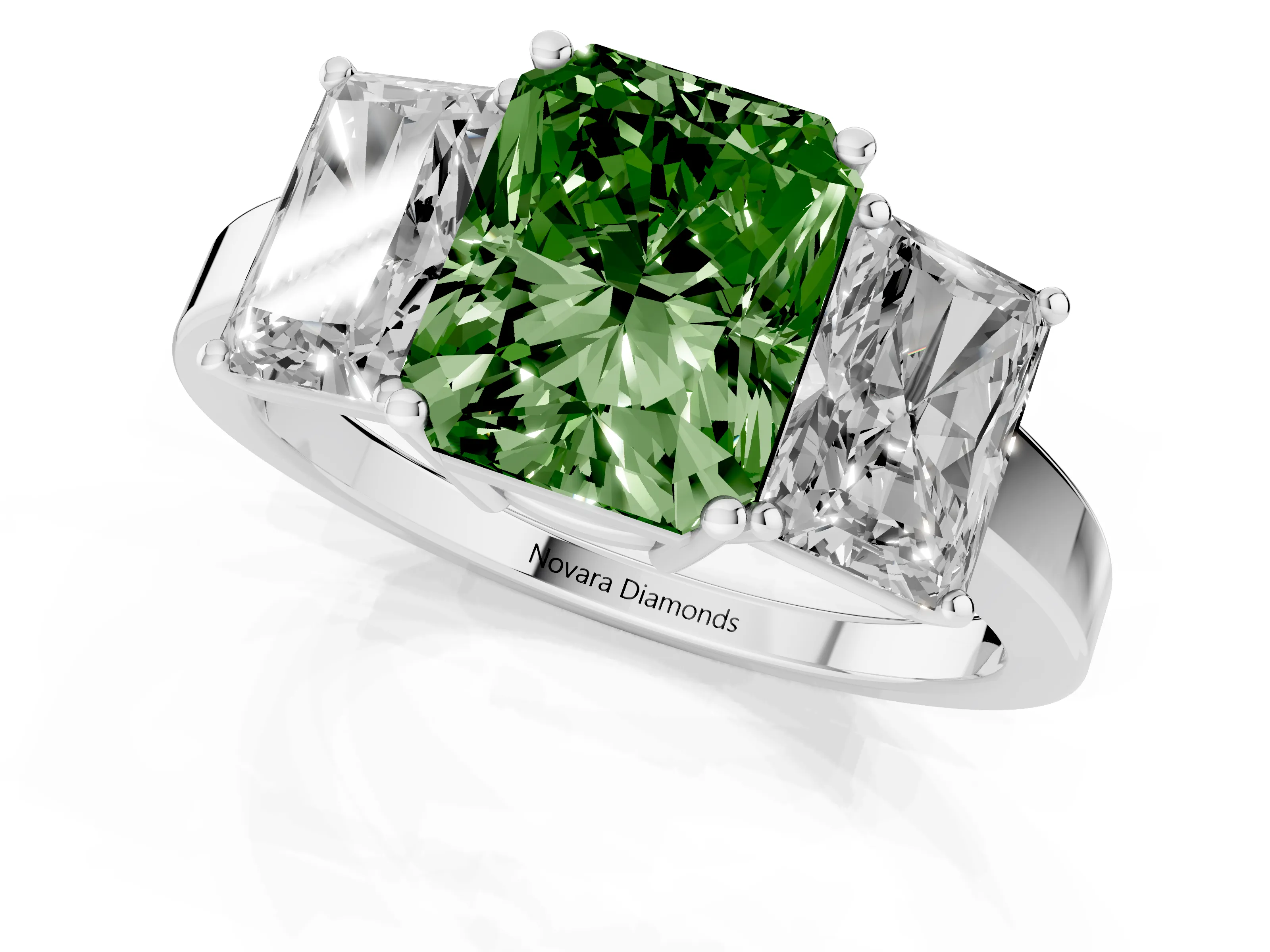 Fancy Green Radiant Cut Diamond Three-Stone Engagement Ring Set in White gold with Flat Band