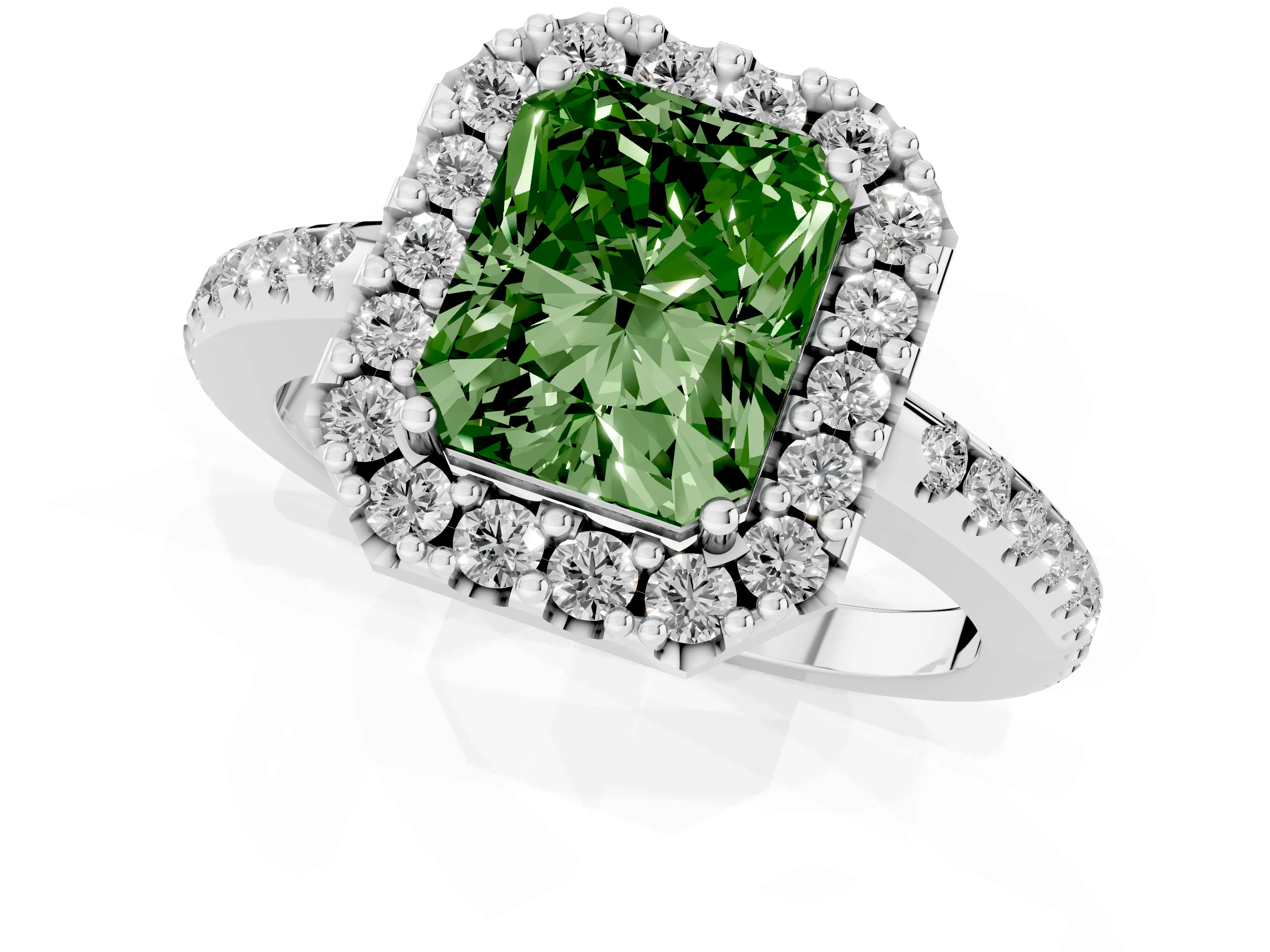 Fancy Green Radiant Cut Diamond Pavé Halo Ring Set in Silver with Prong Setting