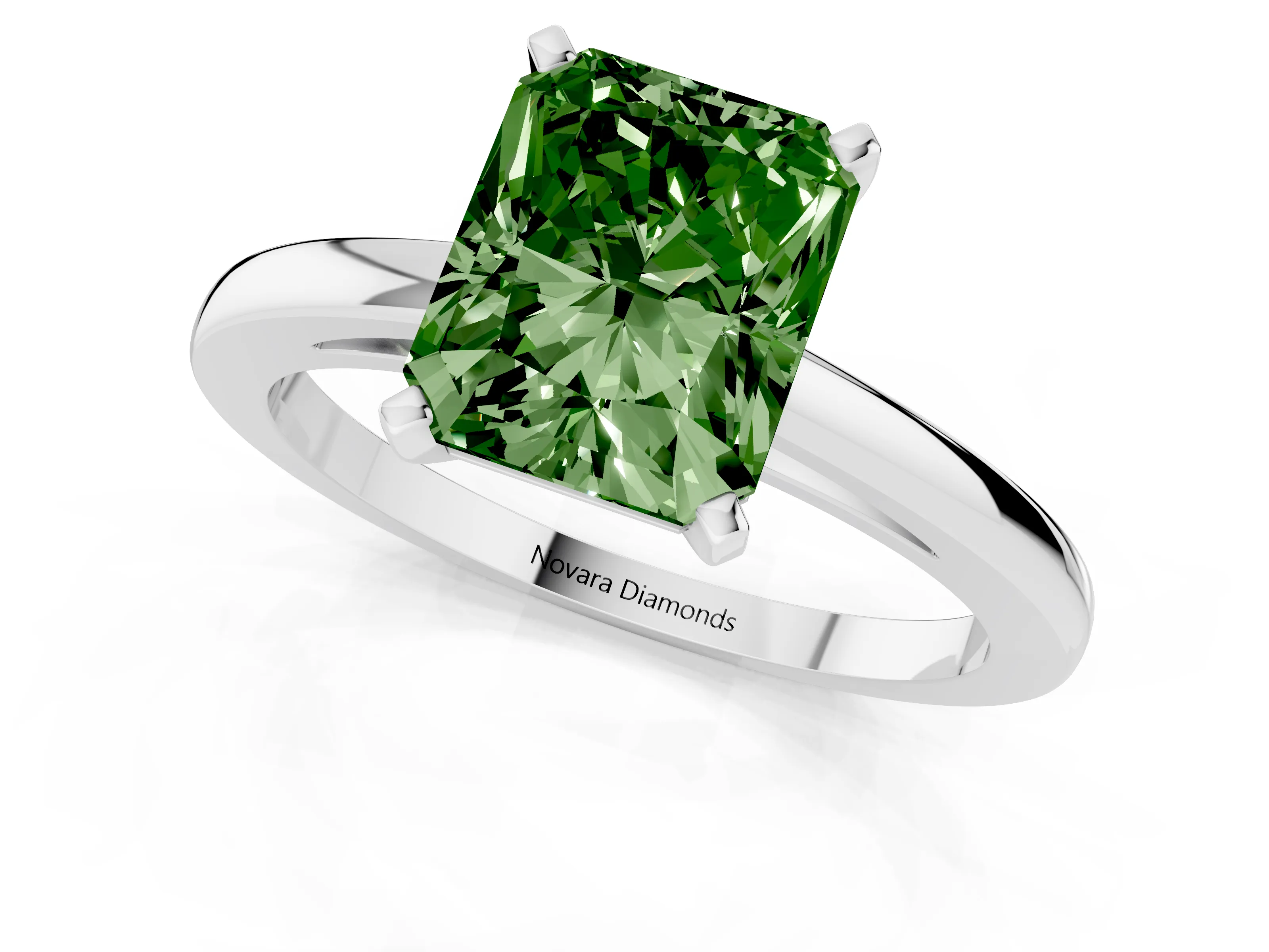 Fancy Green Radiant Cut Diamond Solitaire Engagement Ring Set in Platinum with Prong Setting on a Classic Band