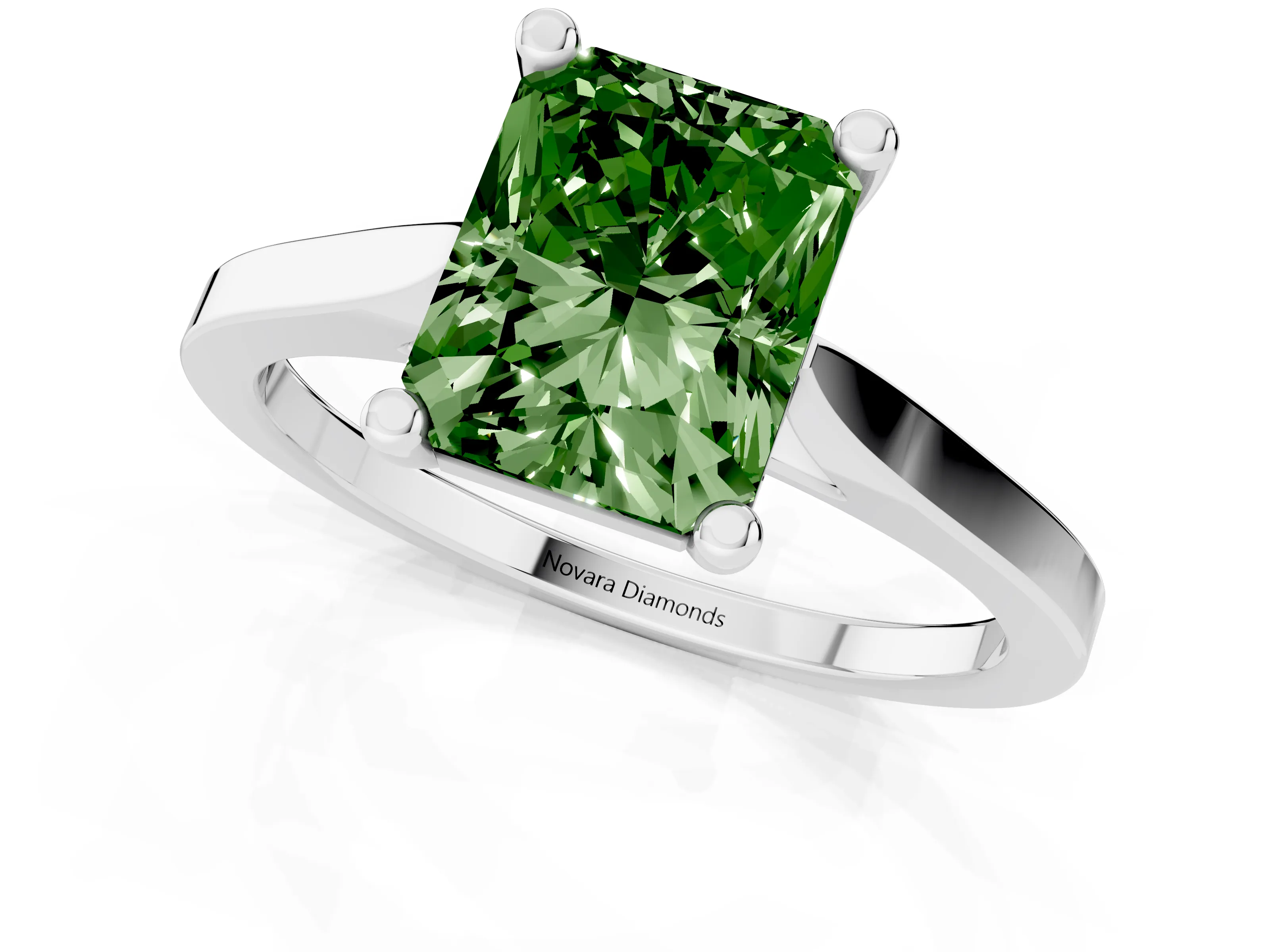 Fancy Green Radiant Cut Diamond Solitaire Ring Set in Silver with Prong Setting and Tapered Band
