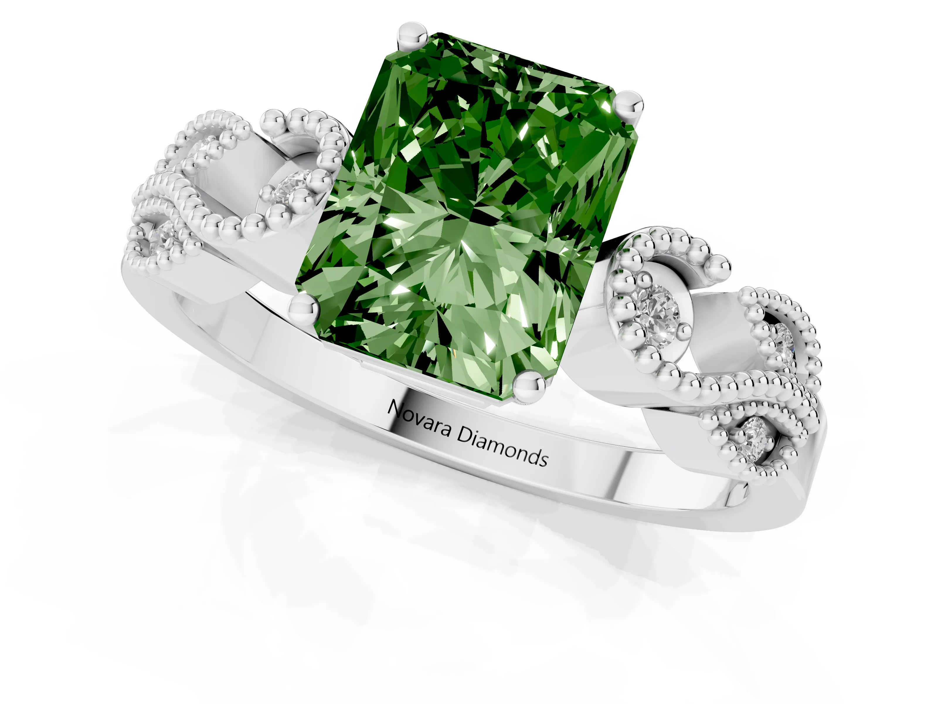 Fancy Green Radiant Cut Diamond Milgrain Leaf Band Solitaire Ring Set in Silver with Accent Stones and Prong Setting