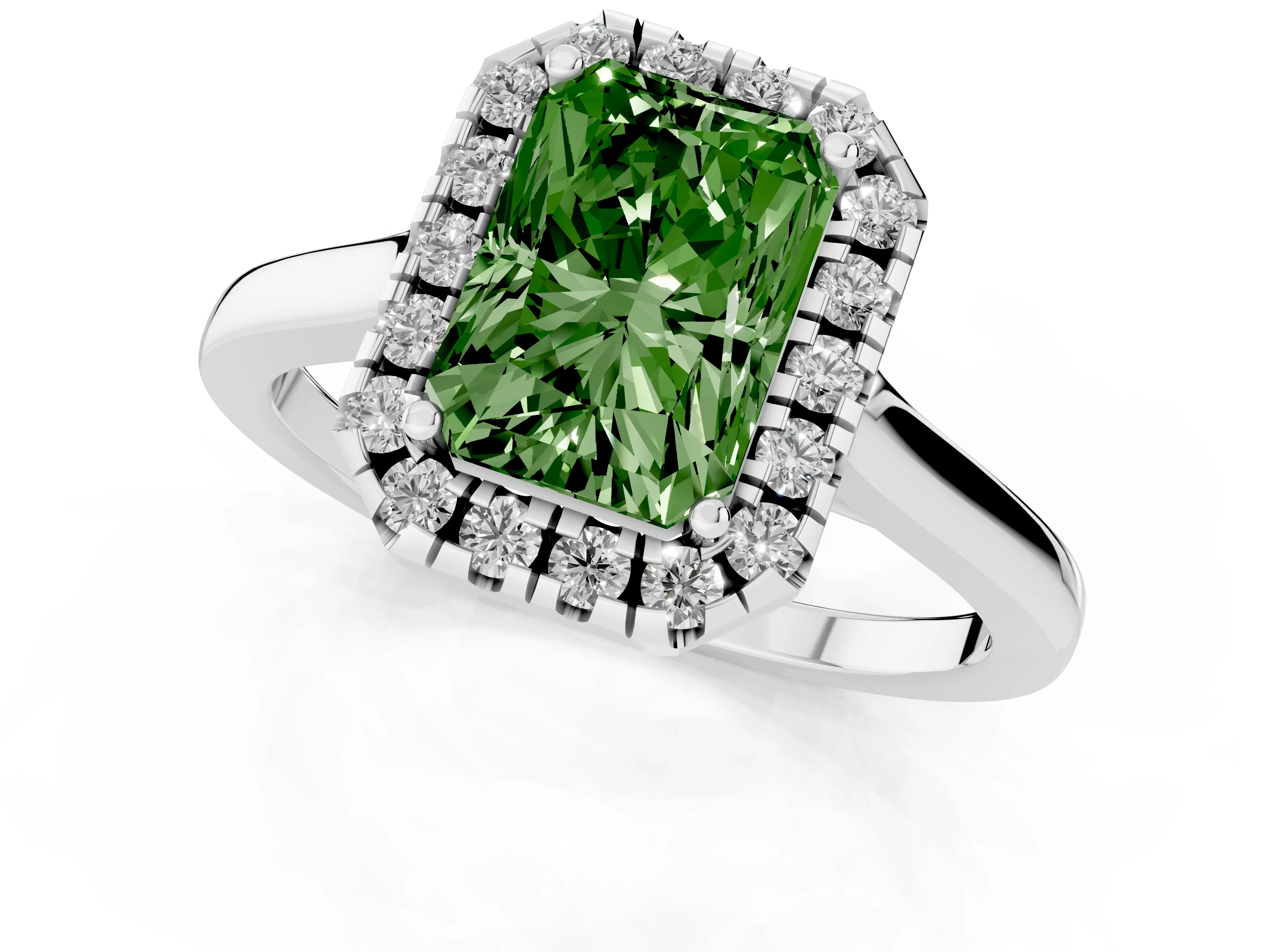Fancy Green Radiant Cut Halo Round Diamond Solitaire Ring Set in White gold with Pavé Band and Prong Setting