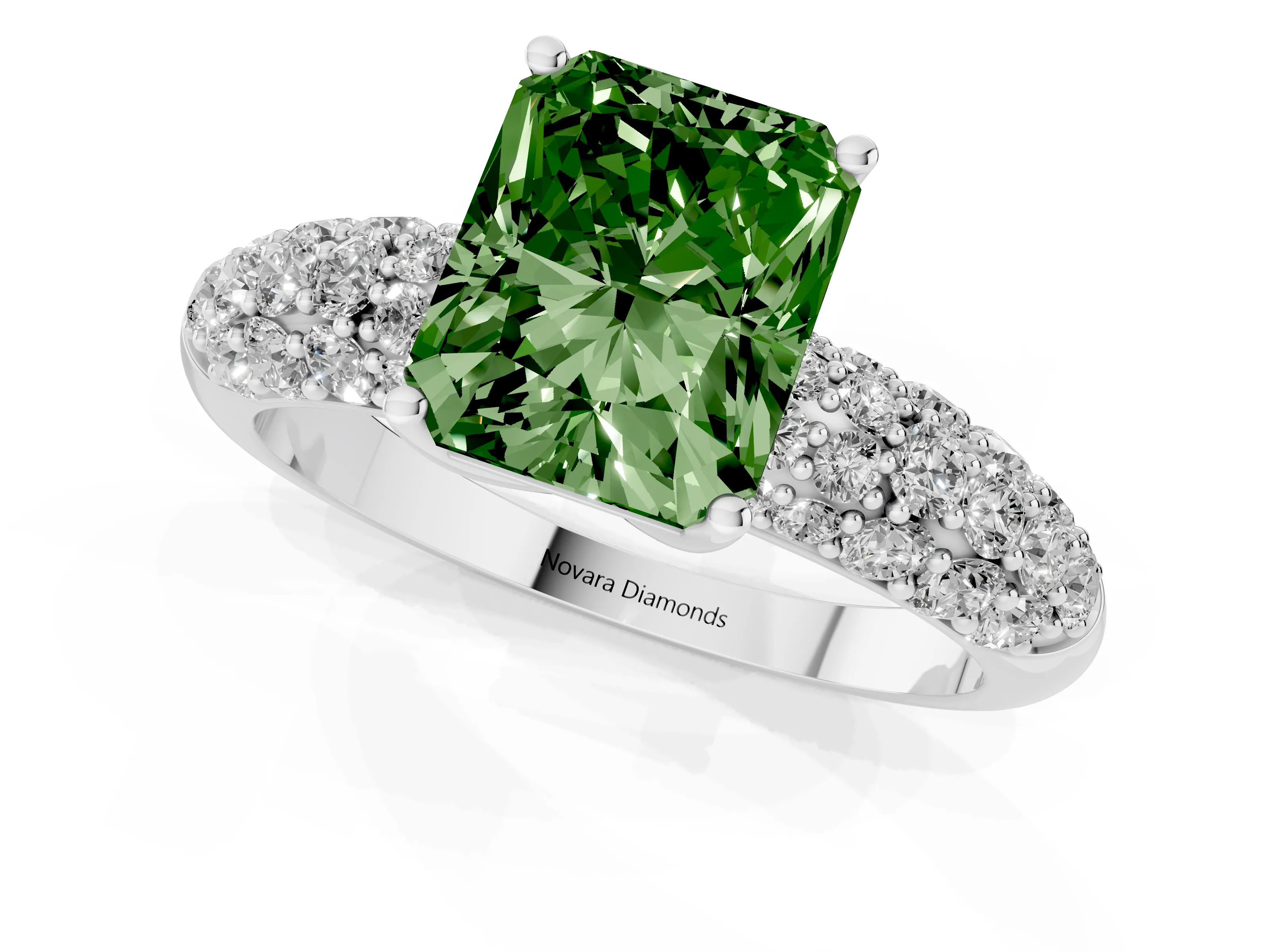 Fancy Green Radiant Cut Diamond Pavé Band Solitaire Ring Set in White gold with Close-Set Accent Stones and Prong Setting