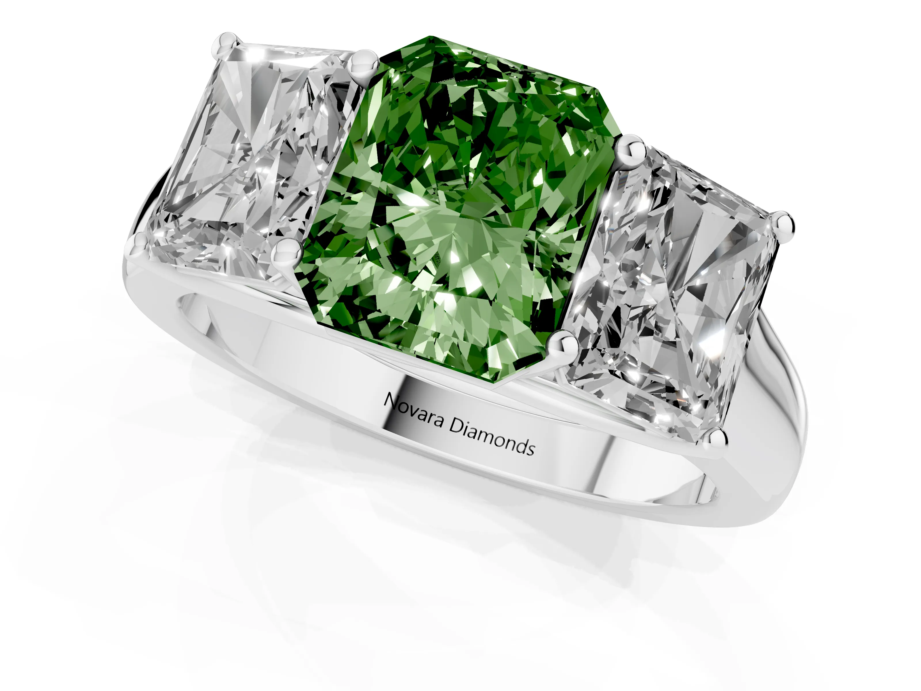 Fancy Green Radiant Cut Diamond Three-Stone Ring Set in White gold with Plain Polished Band