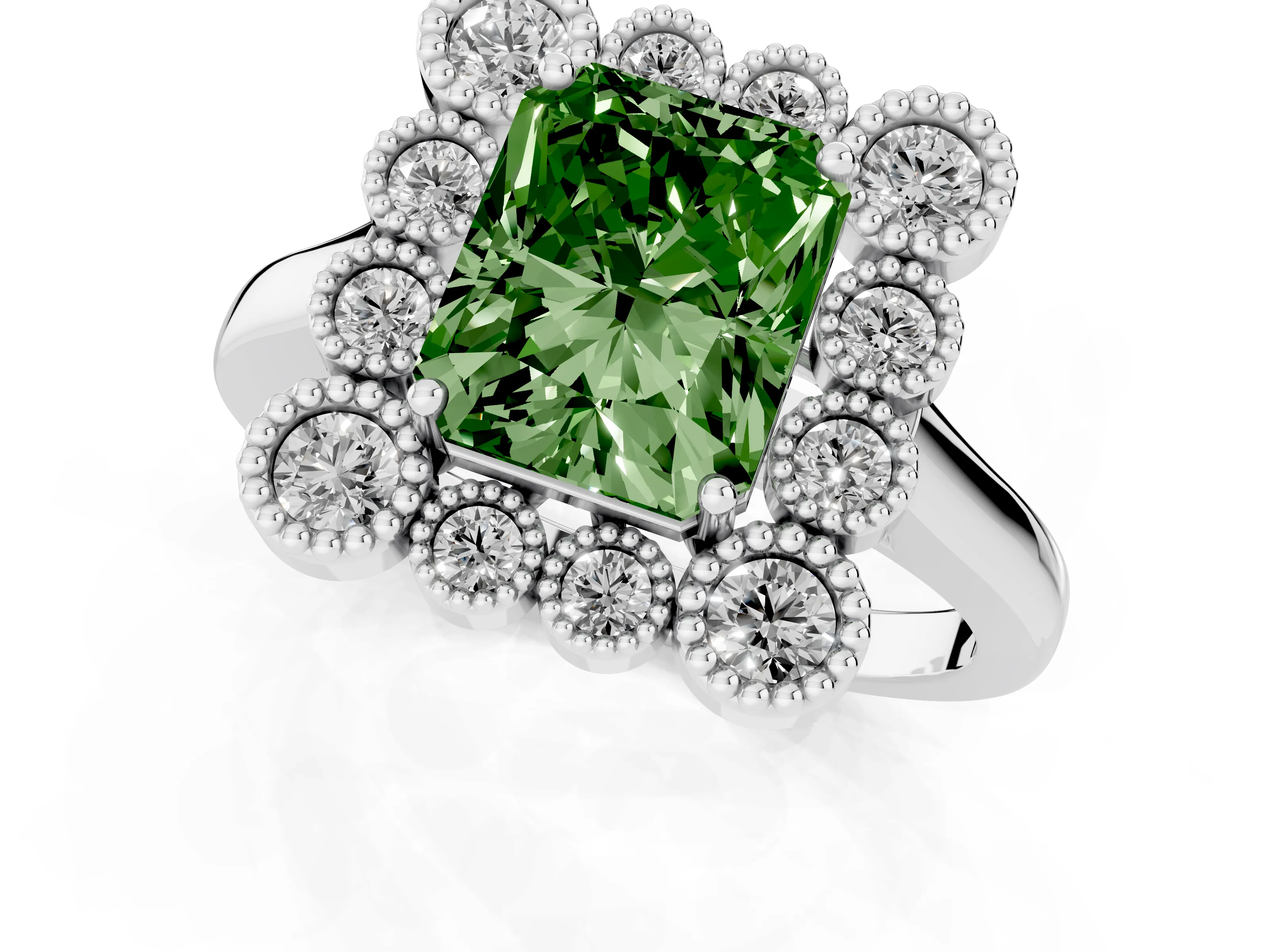 Fancy Green Radiant Cut Diamond Cluster Halo Ring Set in White gold with Milgrain Bezel Accents and Plain Band
