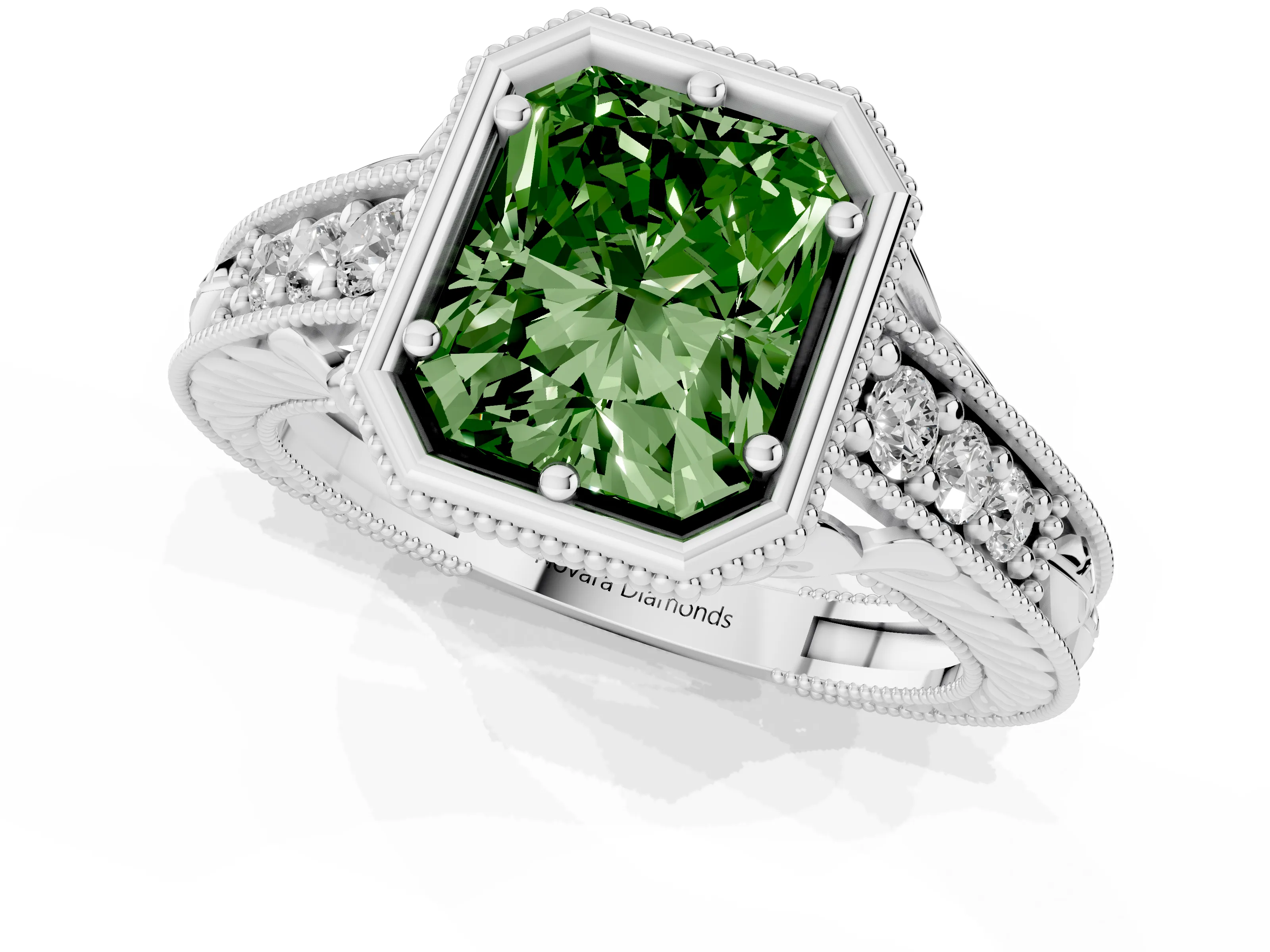 Fancy Green Bezel Set Radiant Cut Diamond Milgrain Pavé Engagement Ring Set in Platinum