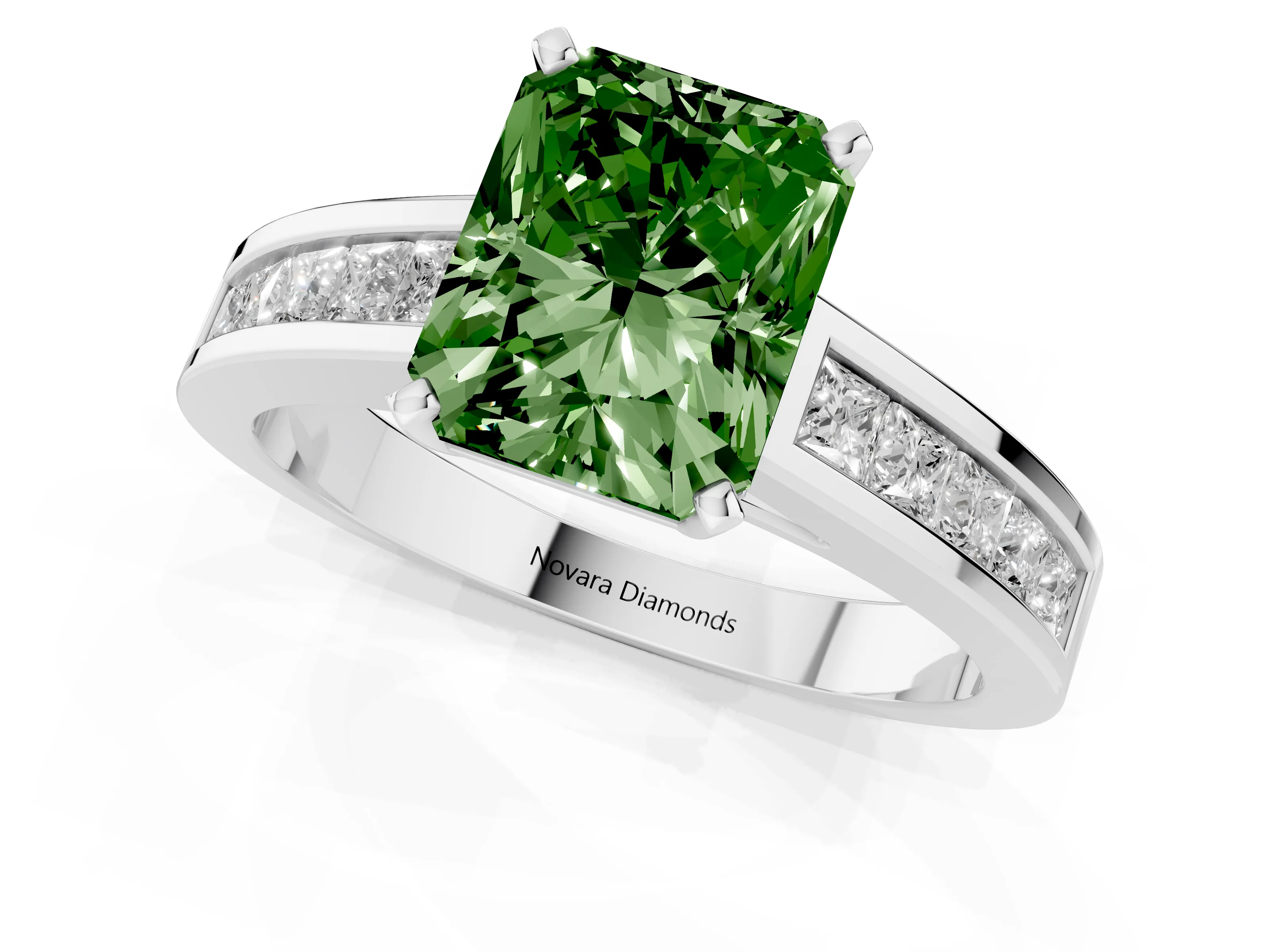 Fancy Green Radiant Cut Diamond Solitaire Ring Set in White gold with Channel-Set Band and Prong Setting