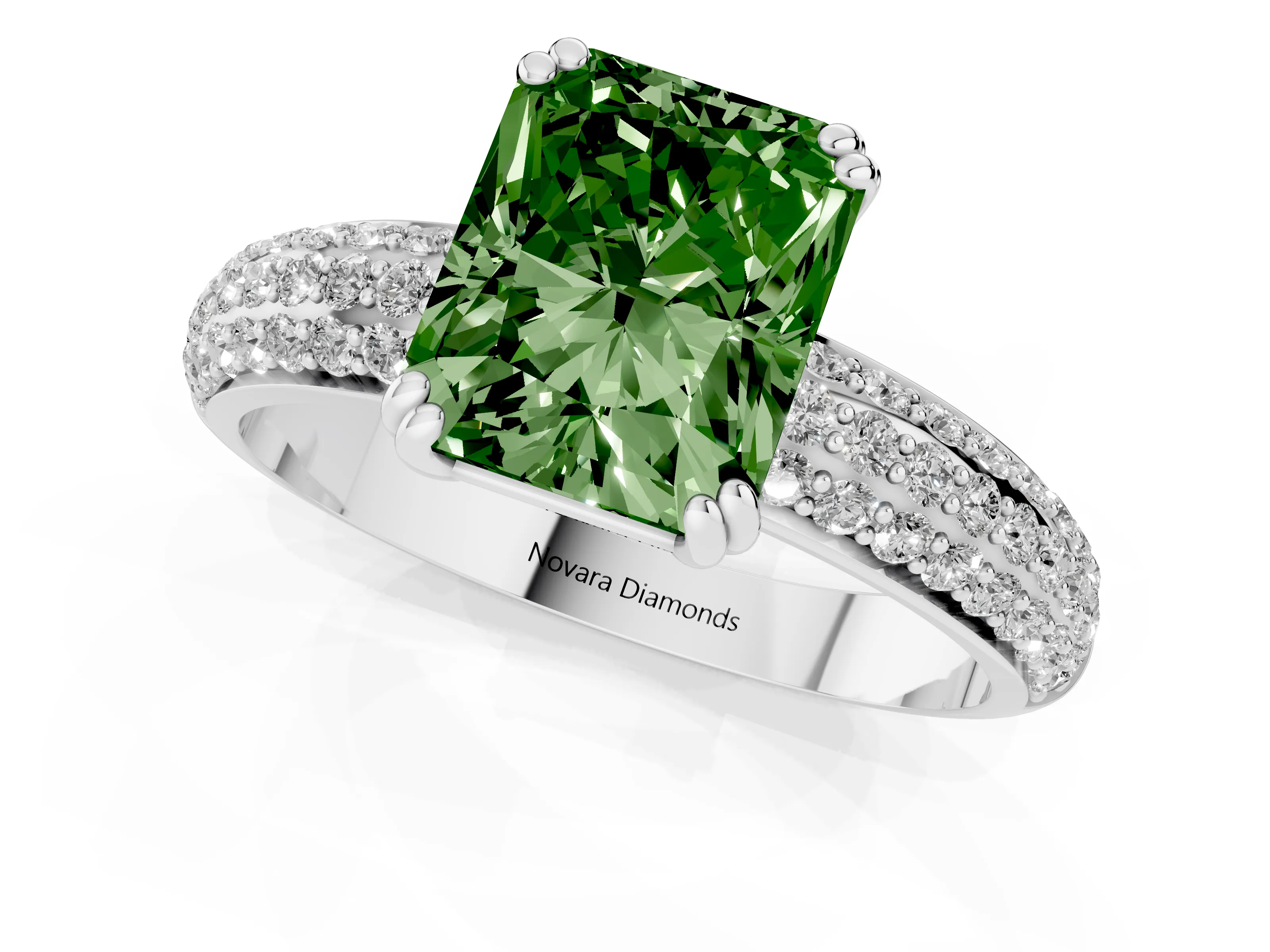 Fancy Green Radiant Cut Diamond Solitaire Ring Set in Platinum with Multi-Row Round Pavé Band and Prong Setting