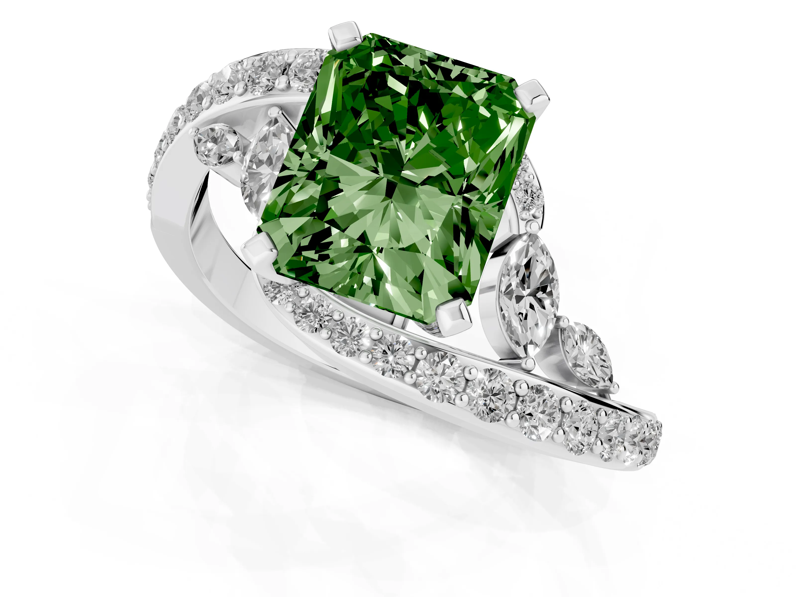 Fancy Green Radiant Cut Diamond Solitaire Ring Set in White gold with Pavé Twist Band and Secure Prong Setting