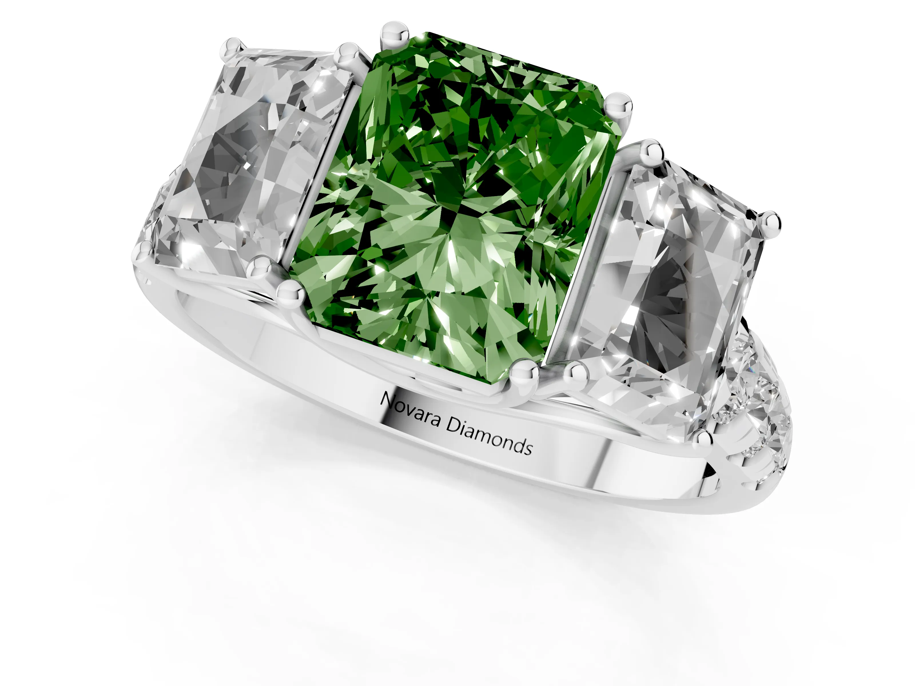 Fancy Green Radiant Cut Diamond Three-Stone Ring Set in Platinum with Pavé Band