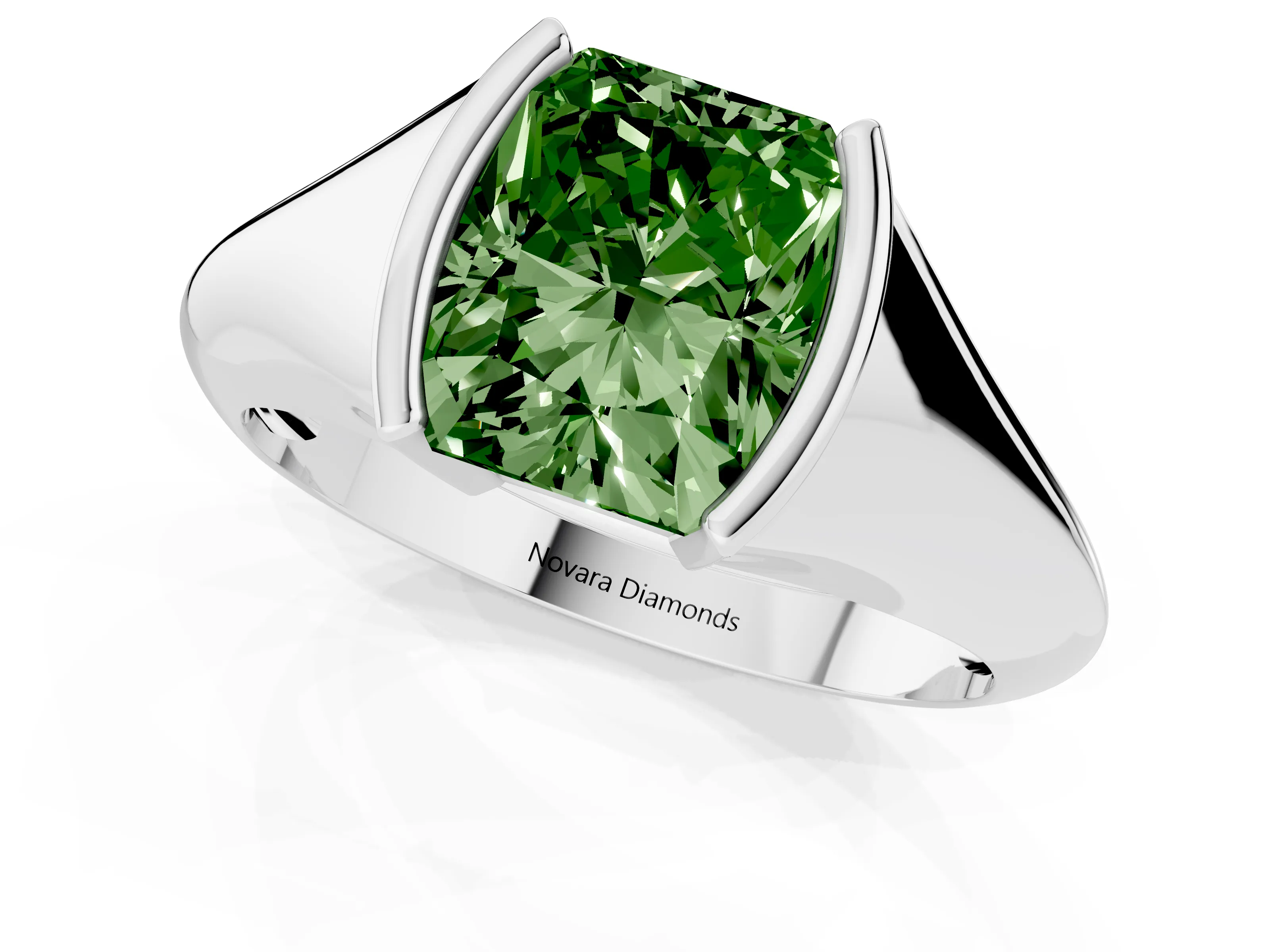 Fancy Green Radiant Cut Diamond Solitaire Tension Set Ring Set in Silver