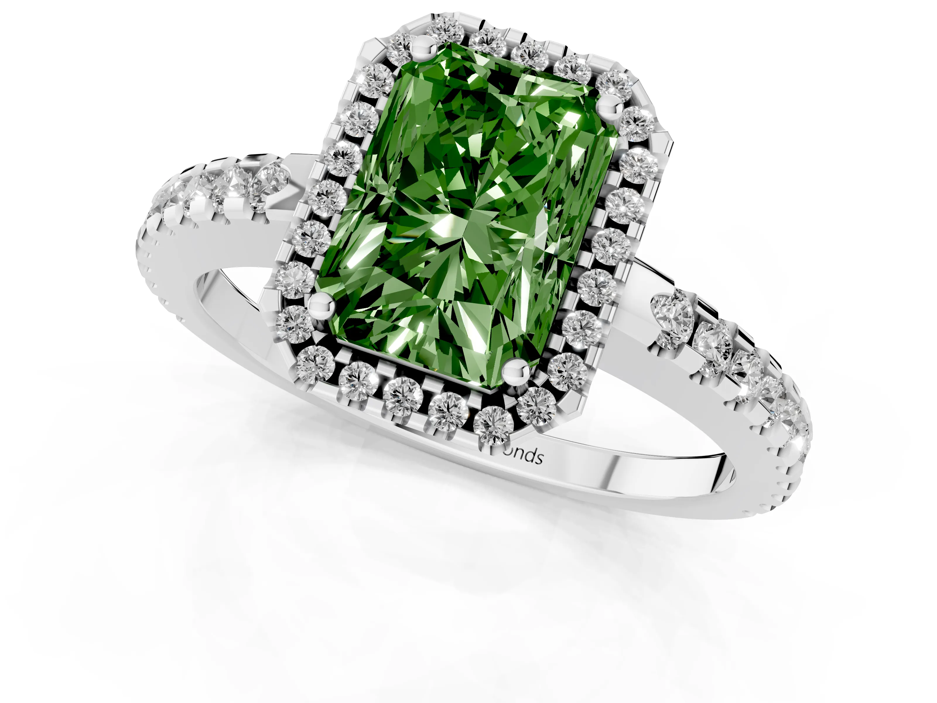 Fancy Green Radiant Cut Diamond Halo Ring Set in Platinum with Pavé Shoulders and Halo-Framed Center