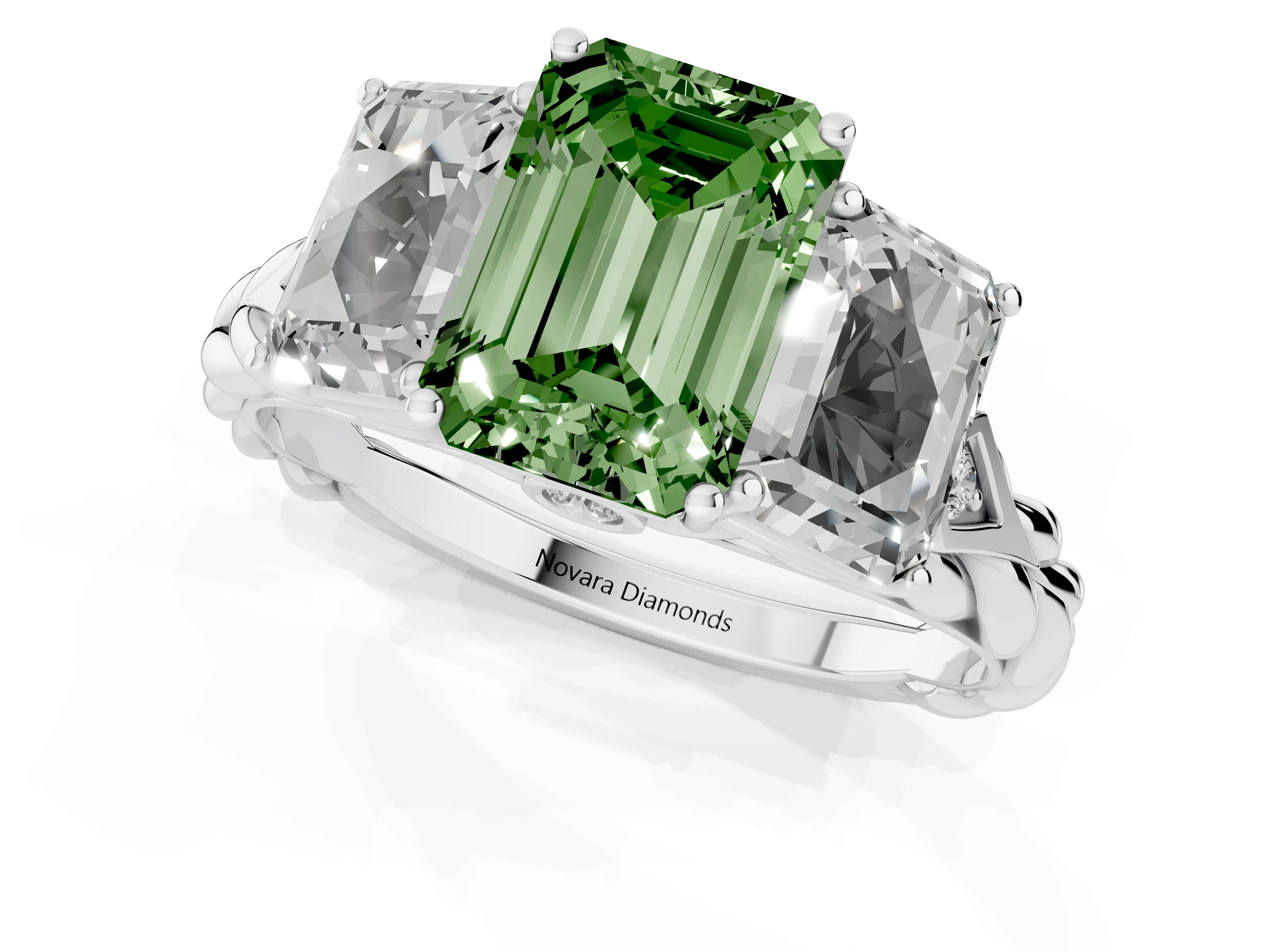 Fancy Green Radiant Cut Diamond Three-Stone Ring Set in Platinum with Braided Band