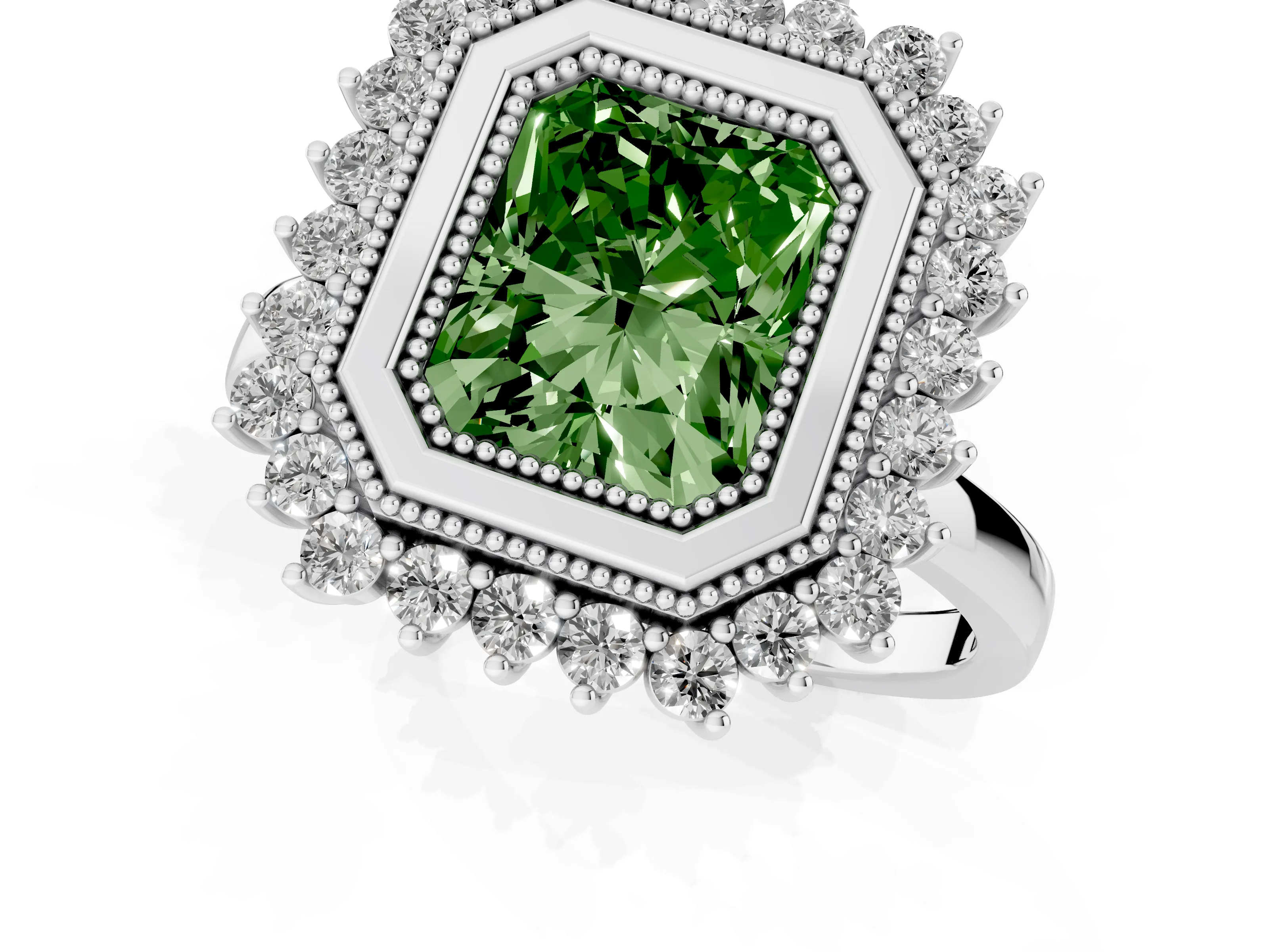 Fancy Green Radiant Cut Diamond Halo Ring Set in Platinum with Milgrain Edge and Round Prong Setting
