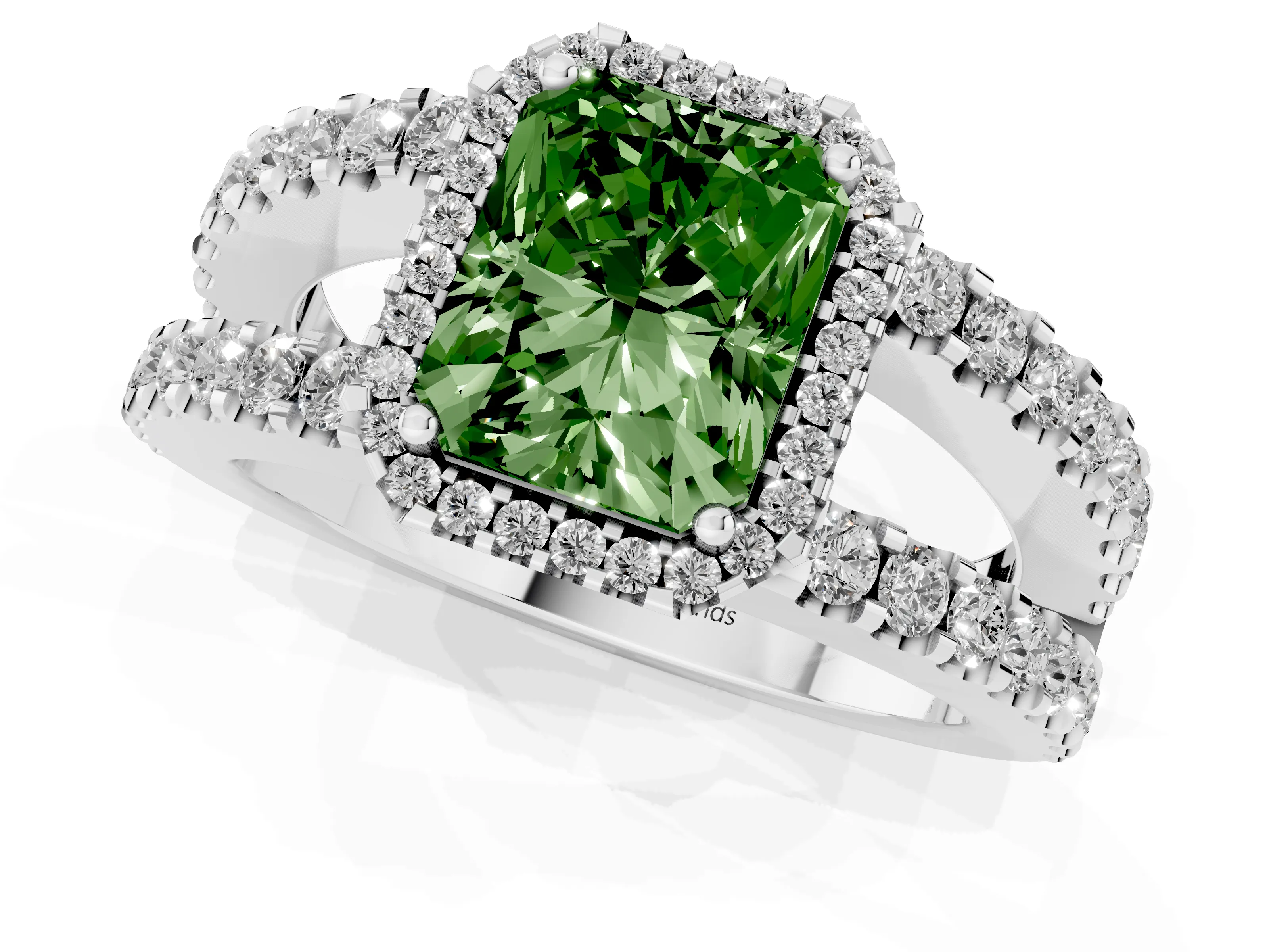 Fancy Green Radiant Cut Diamond Halo Ring Set in Platinum with Pavé Split Shank and Prong Setting