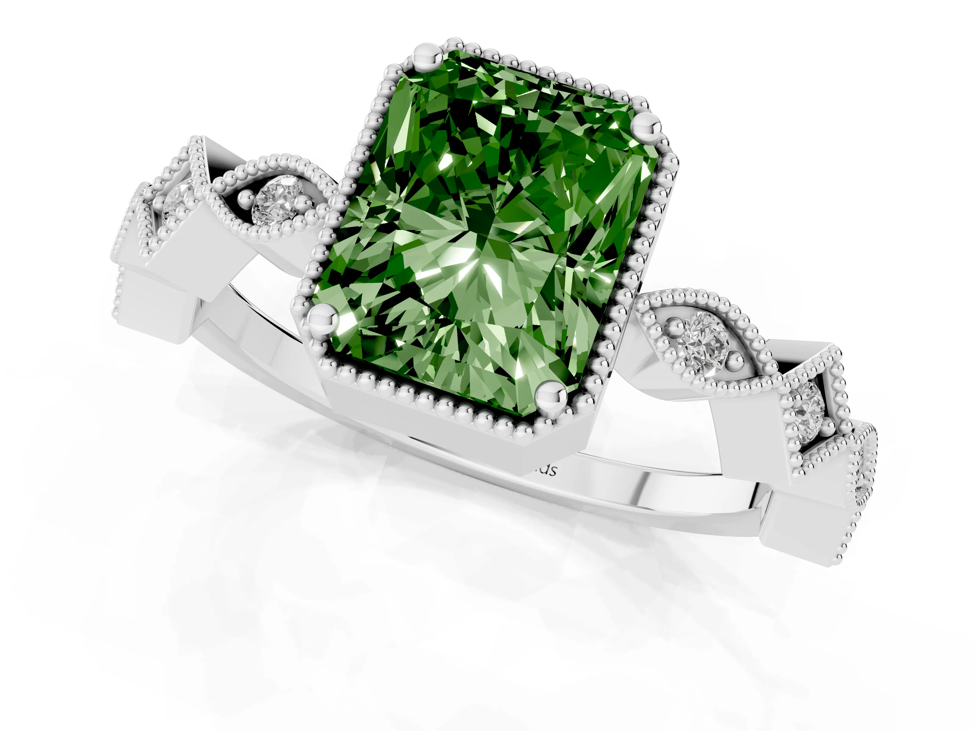 Fancy Green Radiant Cut Diamond Milgrain Marquise Twist Band Ring Set in White gold with Prong Setting