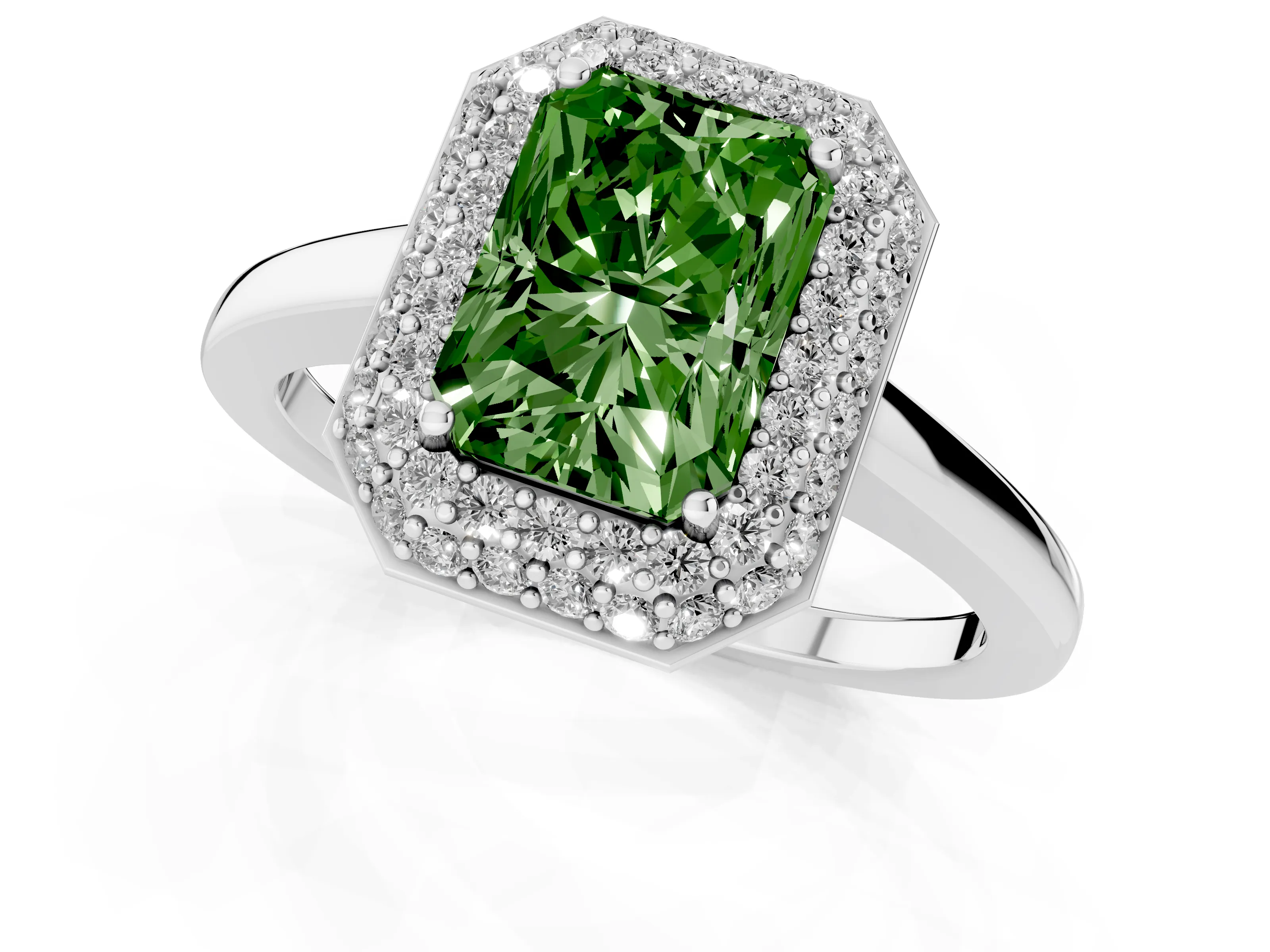 Fancy Green Radiant Cut Diamond Halo Engagement Ring Set in Platinum with Solitaire Band and Prong Setting