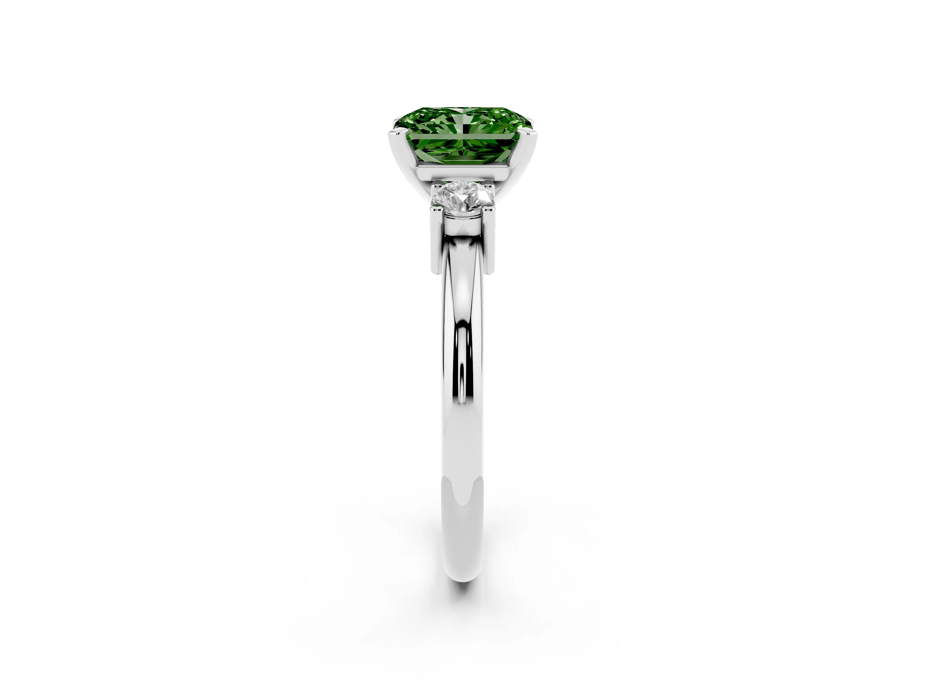 Fancy Green Three-Stone Radiant Cut Diamond Ring Set in Silver with Prong Setting and Plain Band