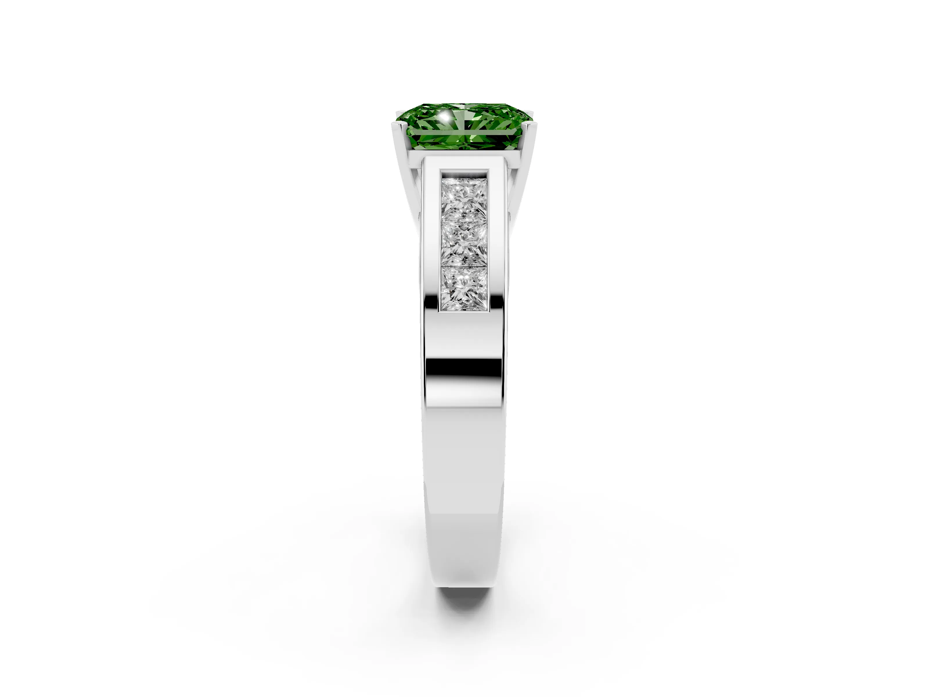 Fancy Green Radiant Cut Diamond Solitaire Ring Set in Silver with Channel-Set Accent Stones and Prong Setting
