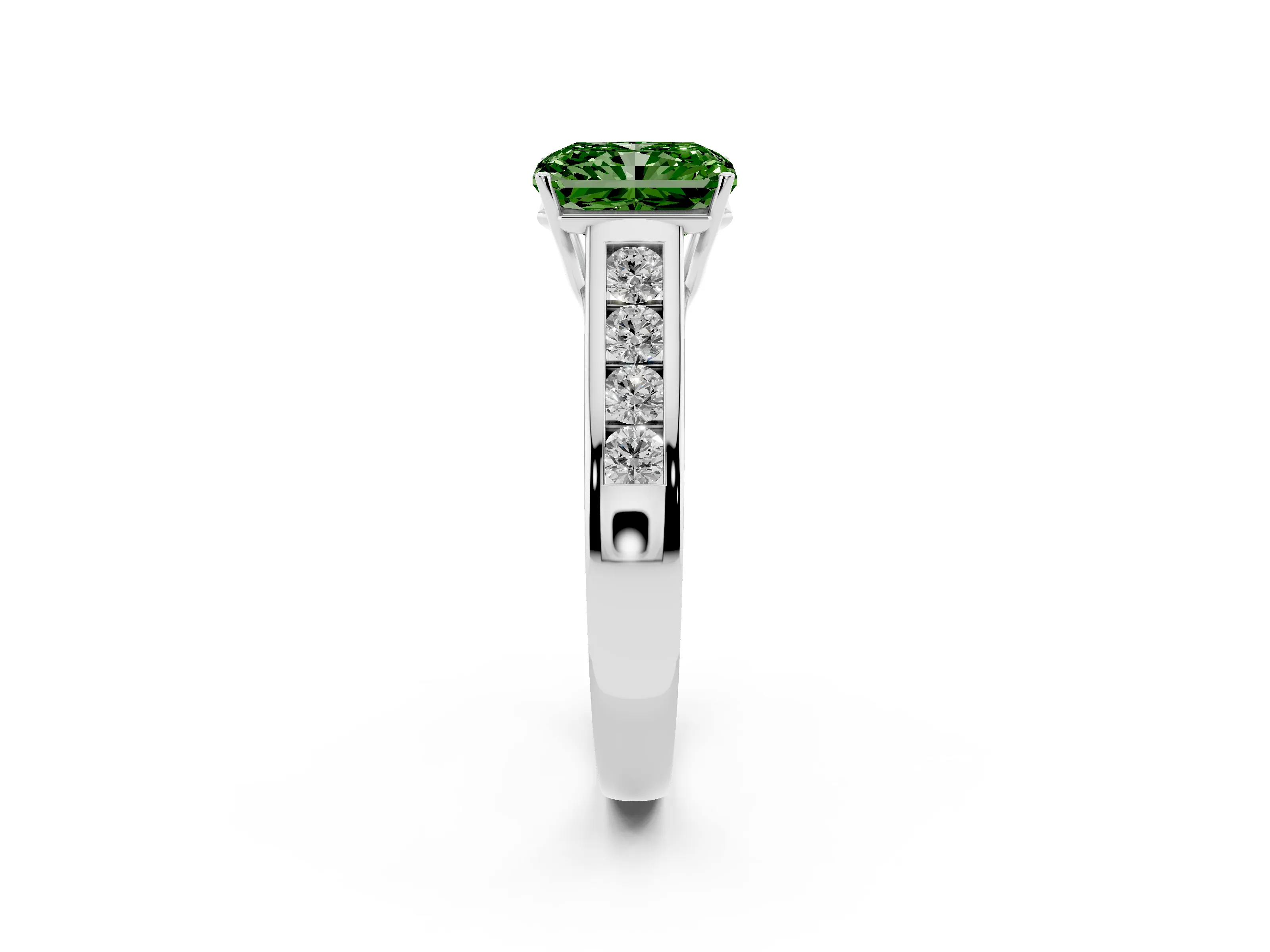 Fancy Green Radiant Cut Diamond Brilliant Channel-Set Solitaire Ring Set in White gold with Prong Setting